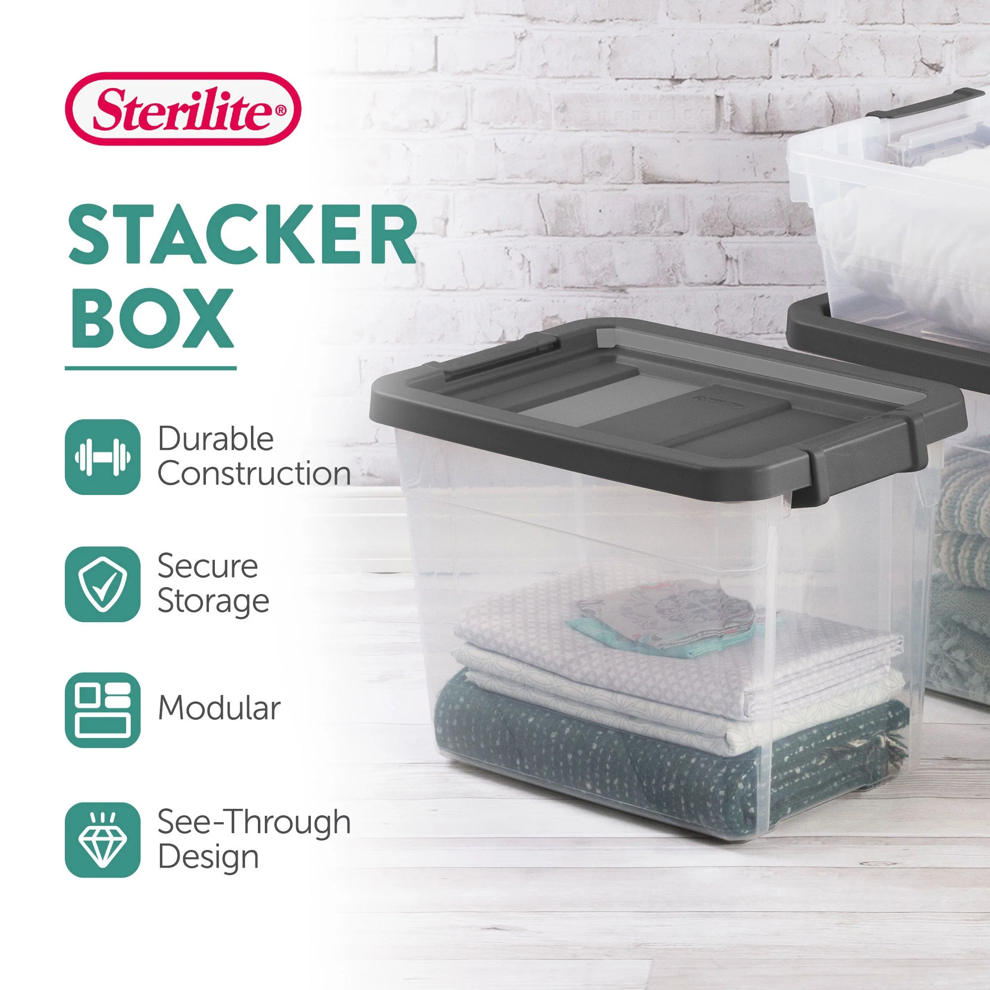 Sterilite 30 Qt Clear Plastic Stackable Storage Bin with Grey Latch Lid, 6 Pack - Image 3