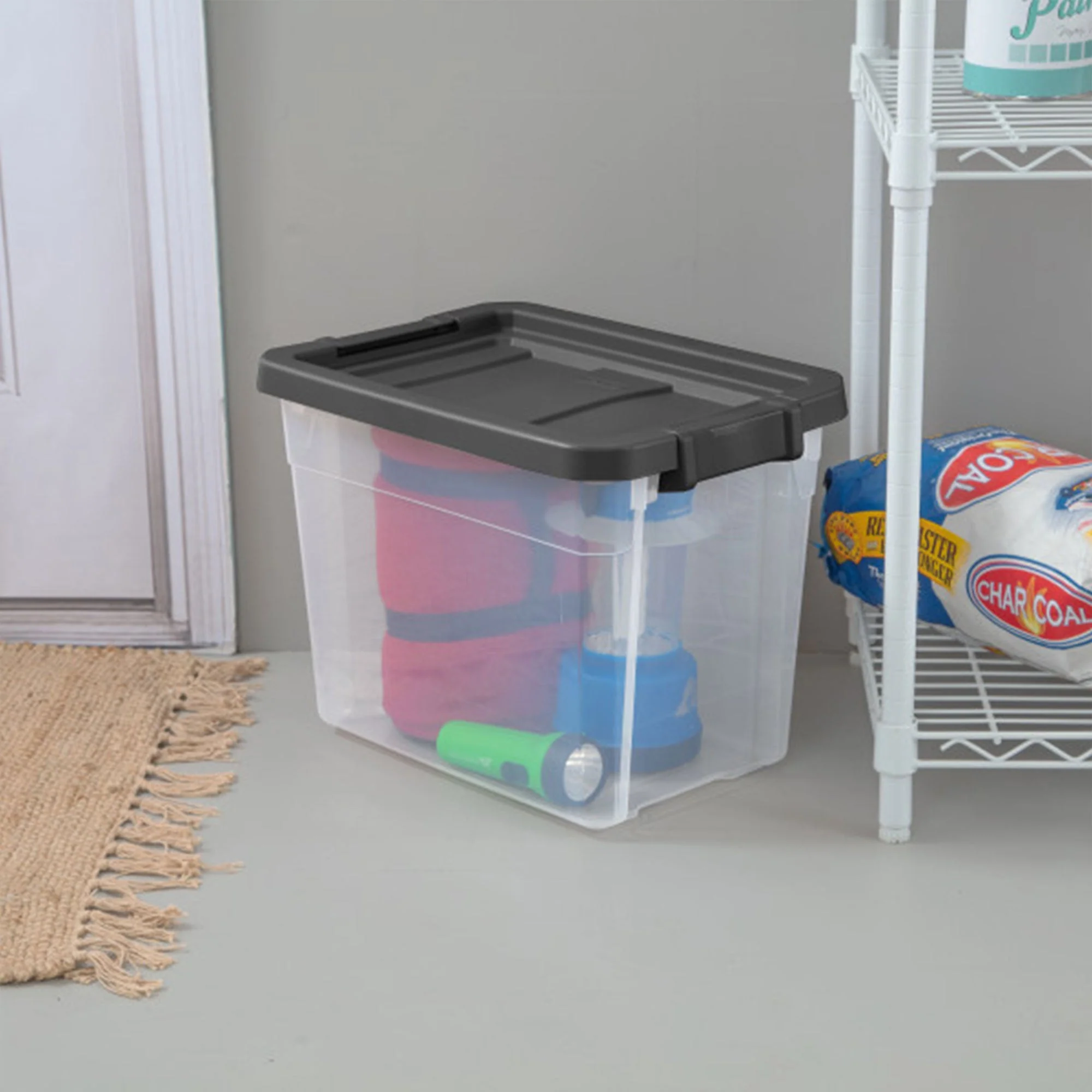 Sterilite 30 Qt Clear Plastic Stackable Storage Bin with Grey Latch Lid, 6 Pack - Image 4