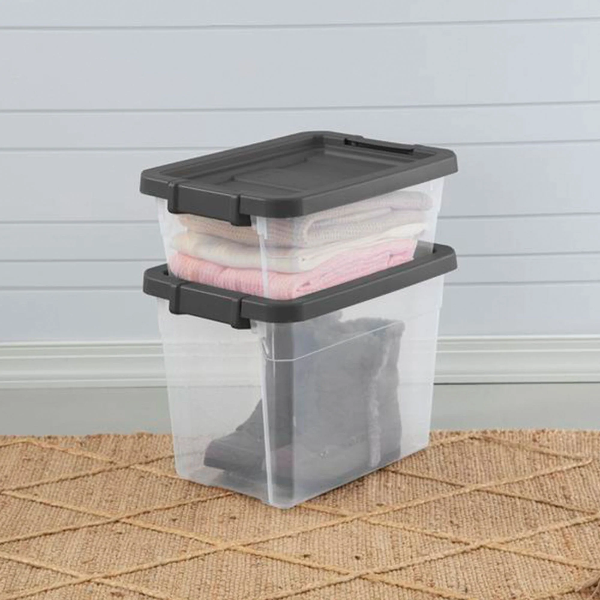 Sterilite 30 Qt Clear Plastic Stackable Storage Bin with Grey Latch Lid, 6 Pack - Image 7