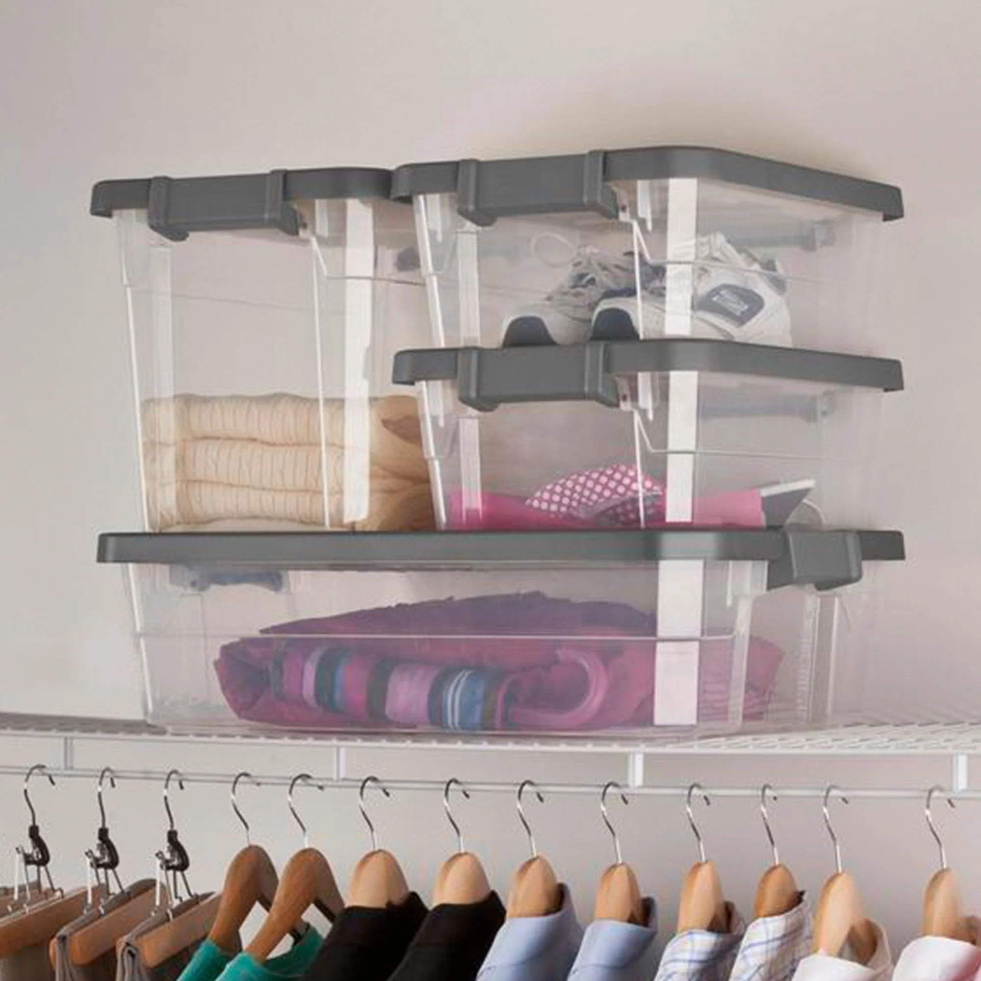 Sterilite 30 Qt Clear Plastic Stackable Storage Bin with Grey Latch Lid, 6 Pack - Image 8