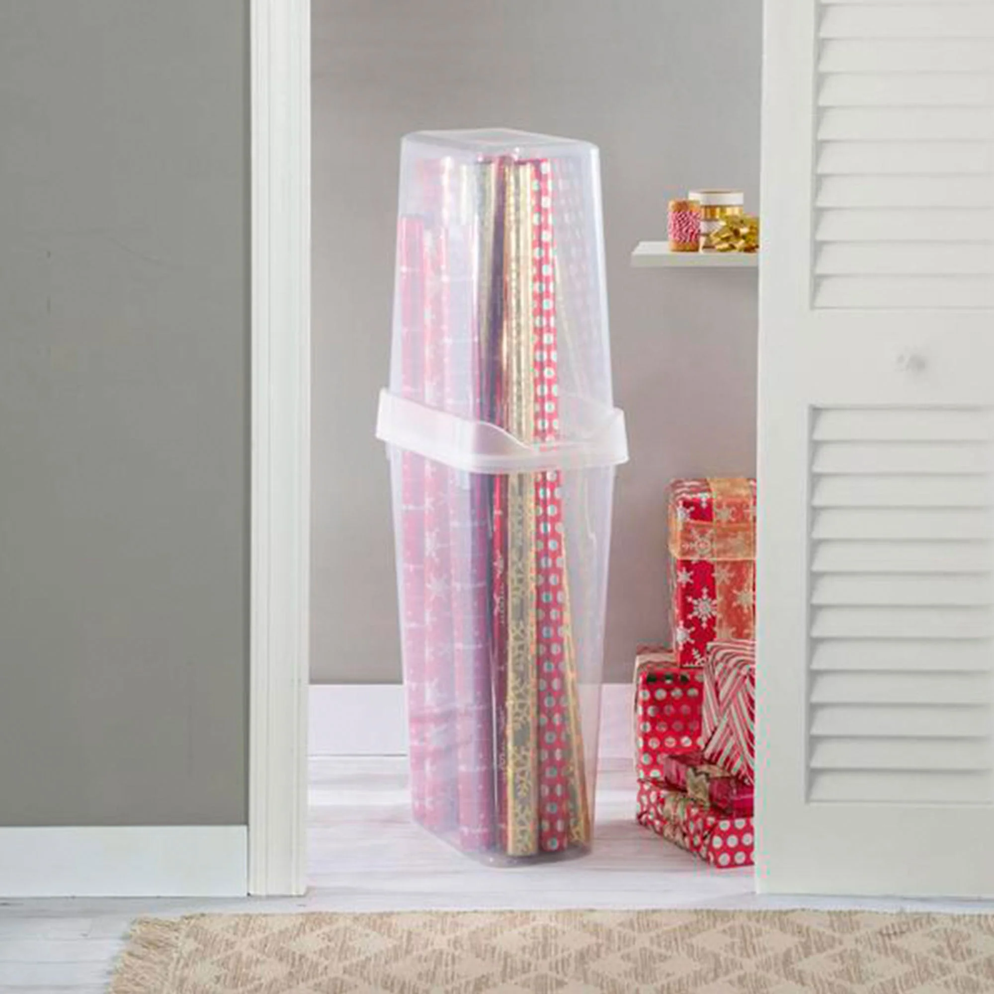 Sterilite 4 Pack Vertical Wrap Storage Box, Holds 25 Rolls, 40" Tall, Clear - Image 4