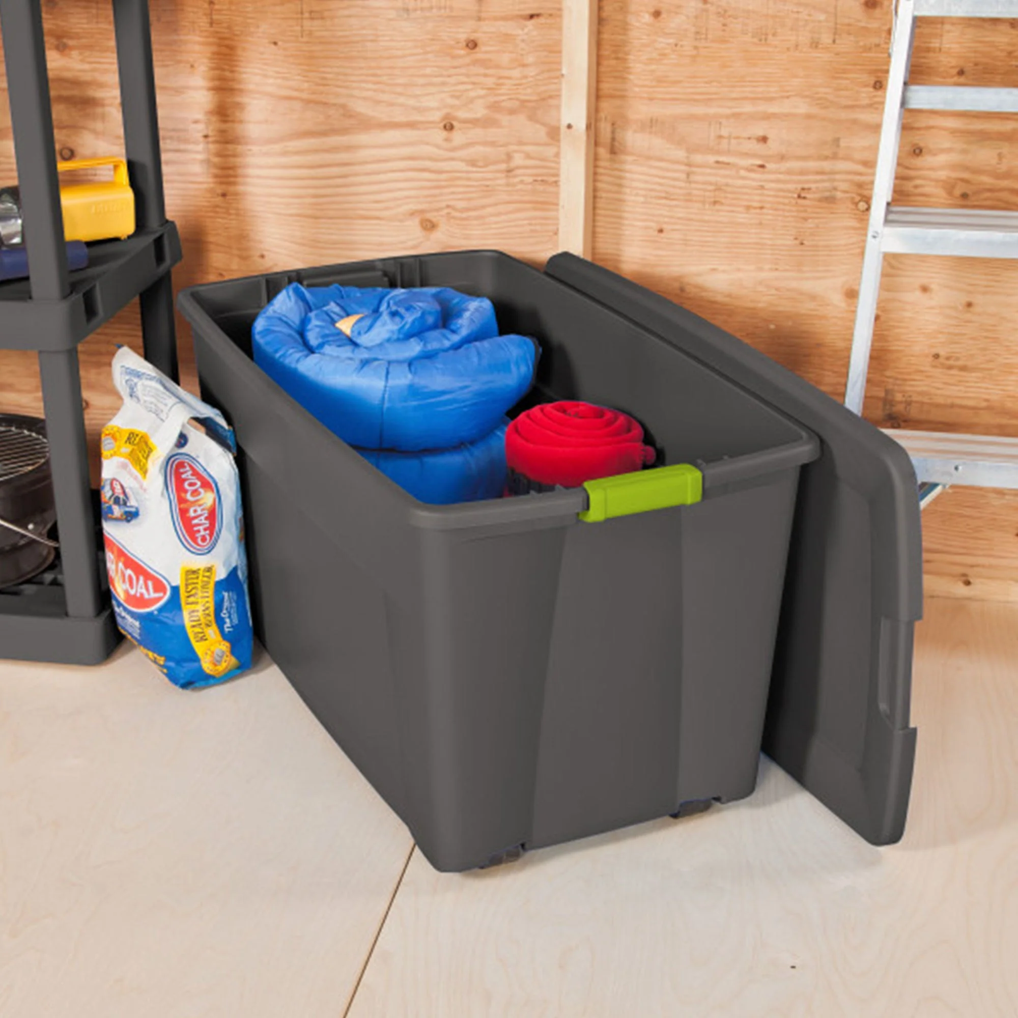 Sterilite 45 Gallon Plastic Stackable Storage Tote w/ Lid & Wheels, Grey, 8 Pack - Image 5