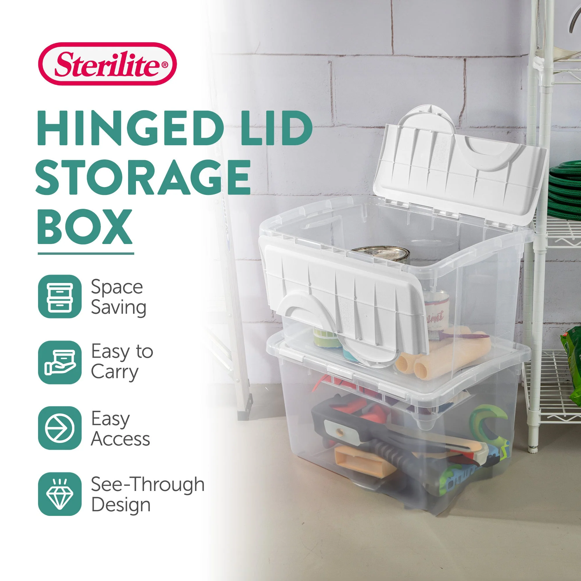 Sterilite 48 Qt Hinged Lid Storage Box Plastic Stackable Bin with Lid, 12 Pack - Image 3