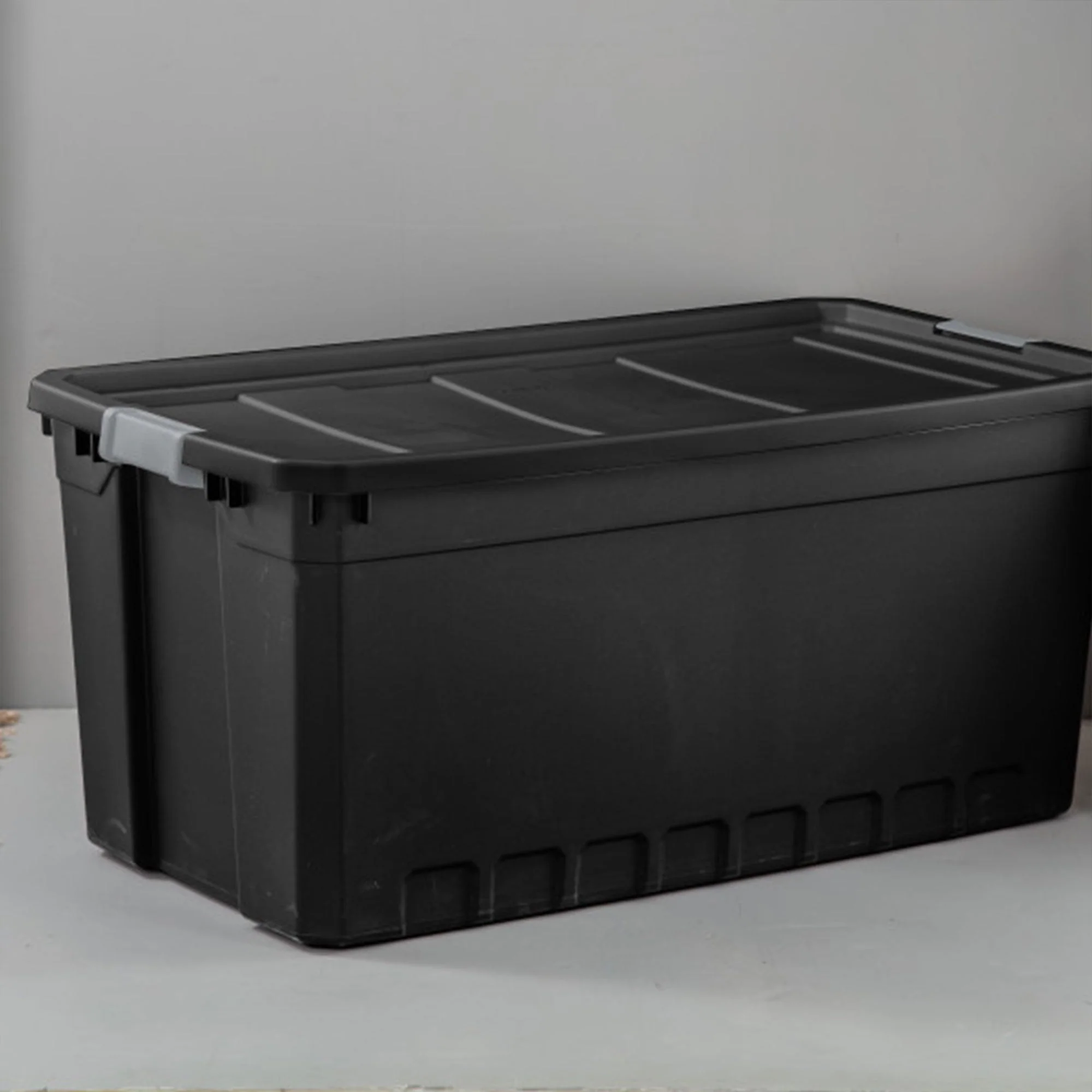 Sterilite 50 Gal Rugged Industrial Stackable Storage Tote w/ Lid, Black, 3 Pack - Image 5