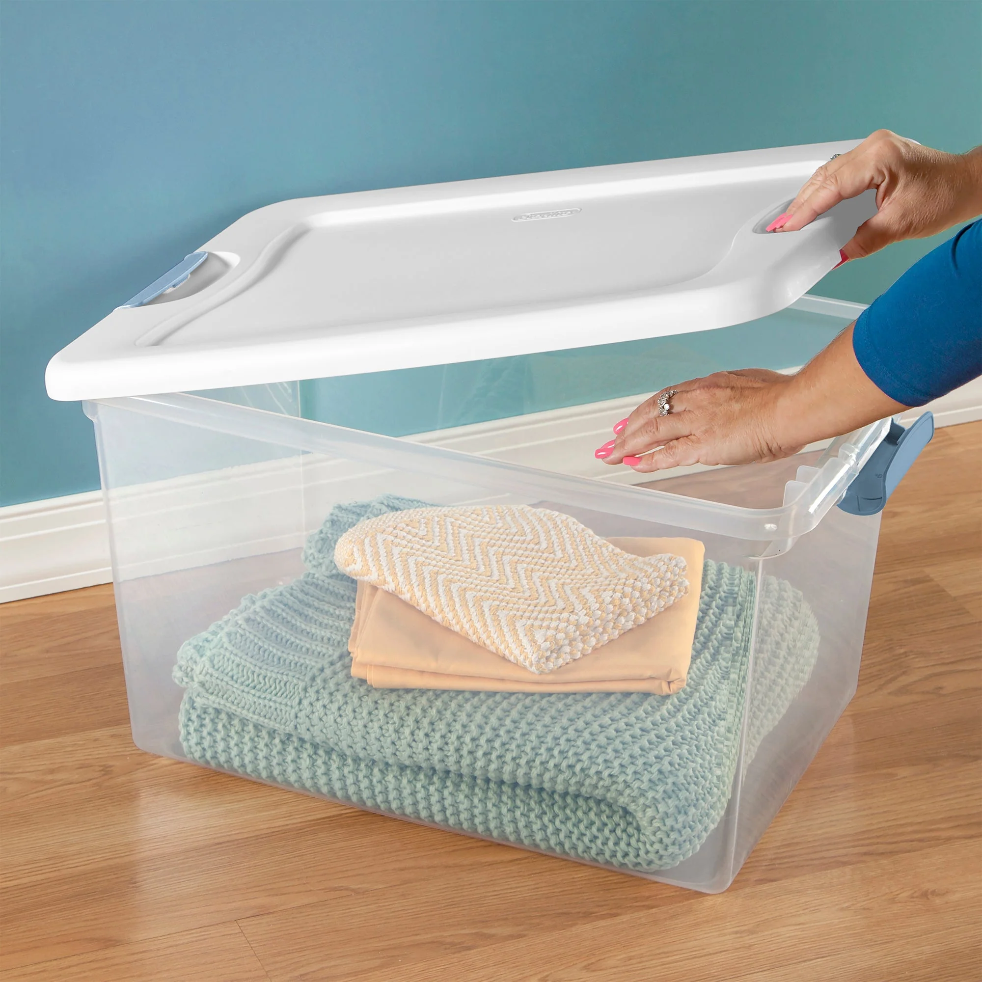 Sterilite 64 Qt Clear Plastic Stackable Storage Bin w/ White Latch Lid, (6 Pack) - Image 6