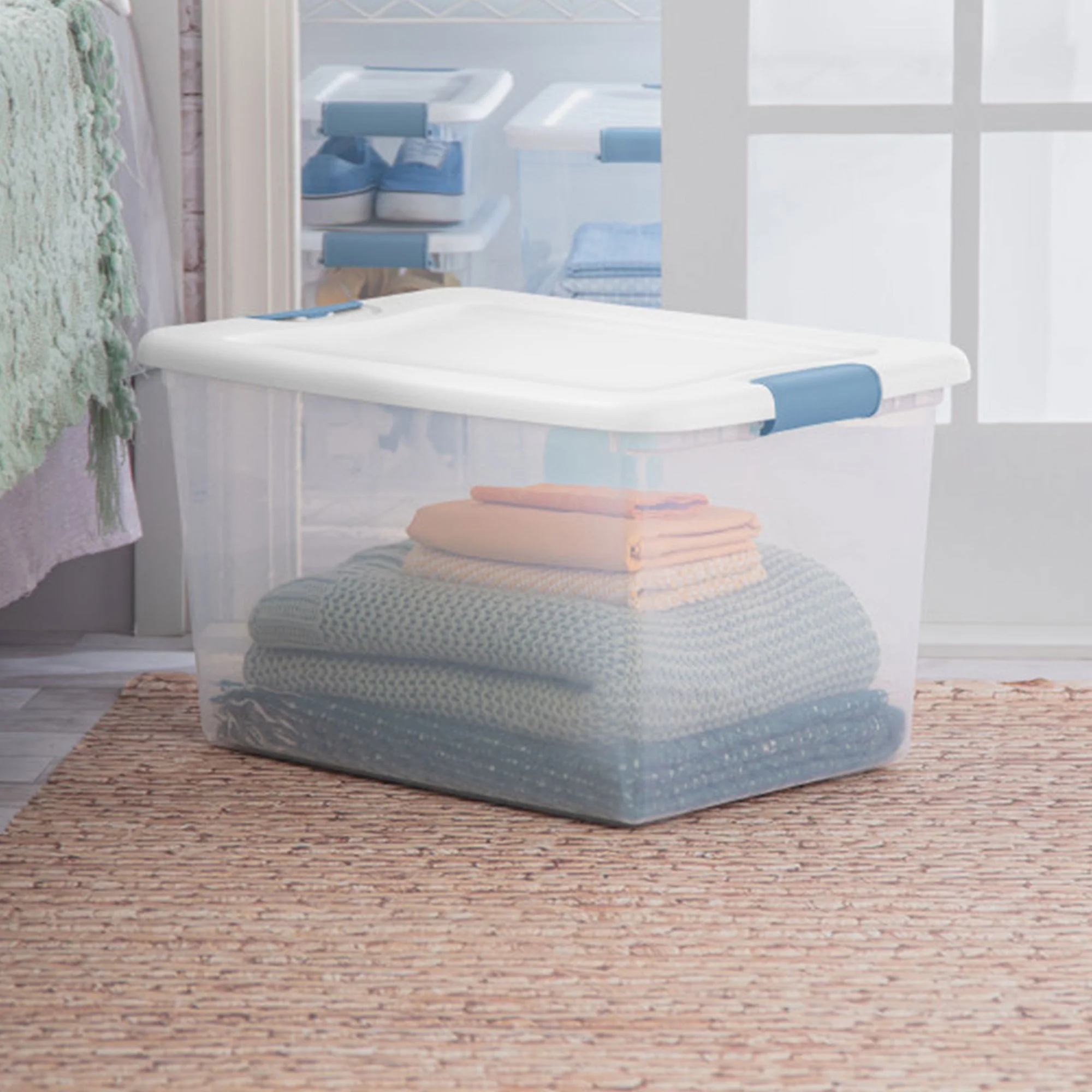 Sterilite 64 Qt Clear Plastic Stackable Storage Bin w/ White Latch Lid, (6 Pack) - Image 9