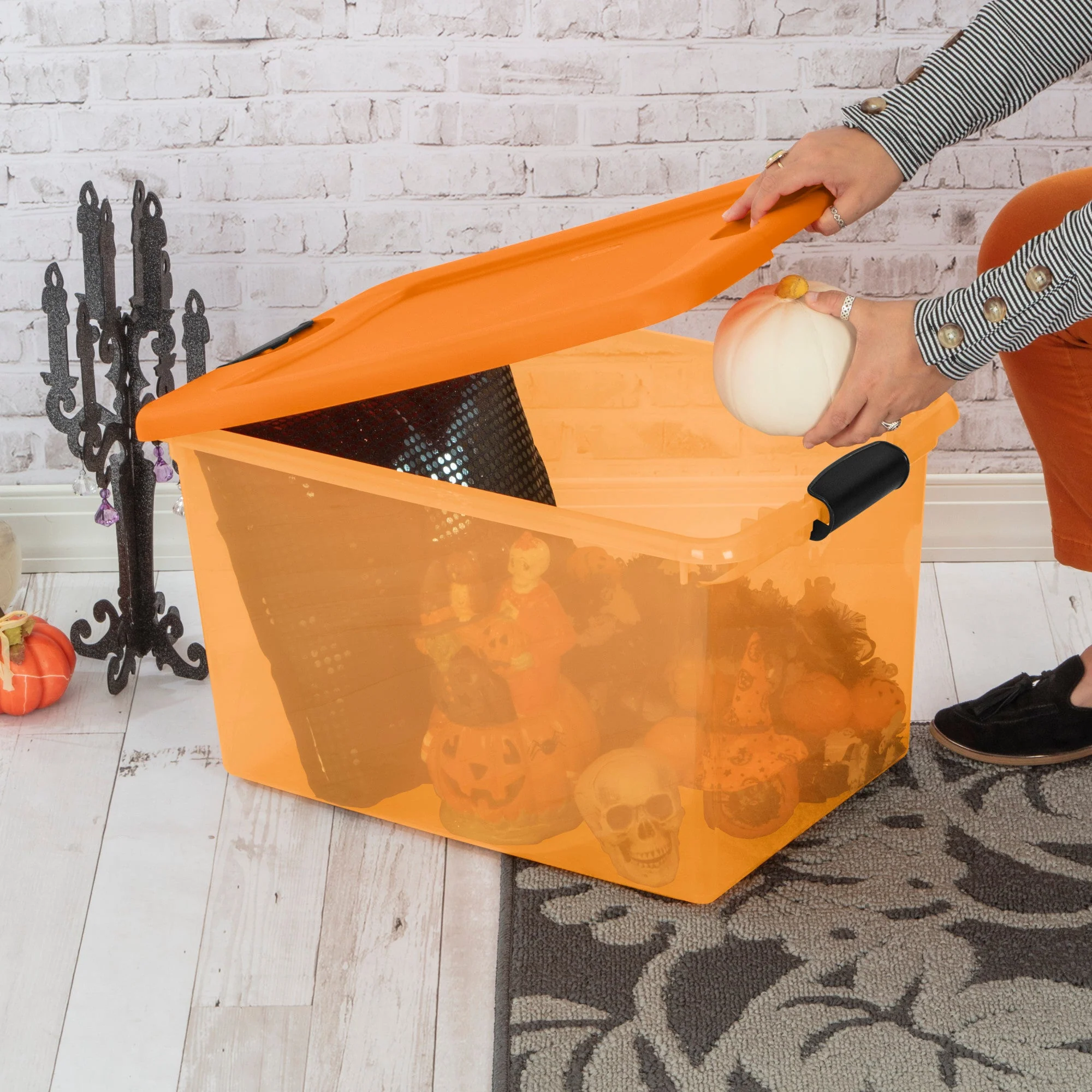 Sterilite 64 Quart Latching Plastic Storage Container, Purple & Orange (12 Pack) - Image 5