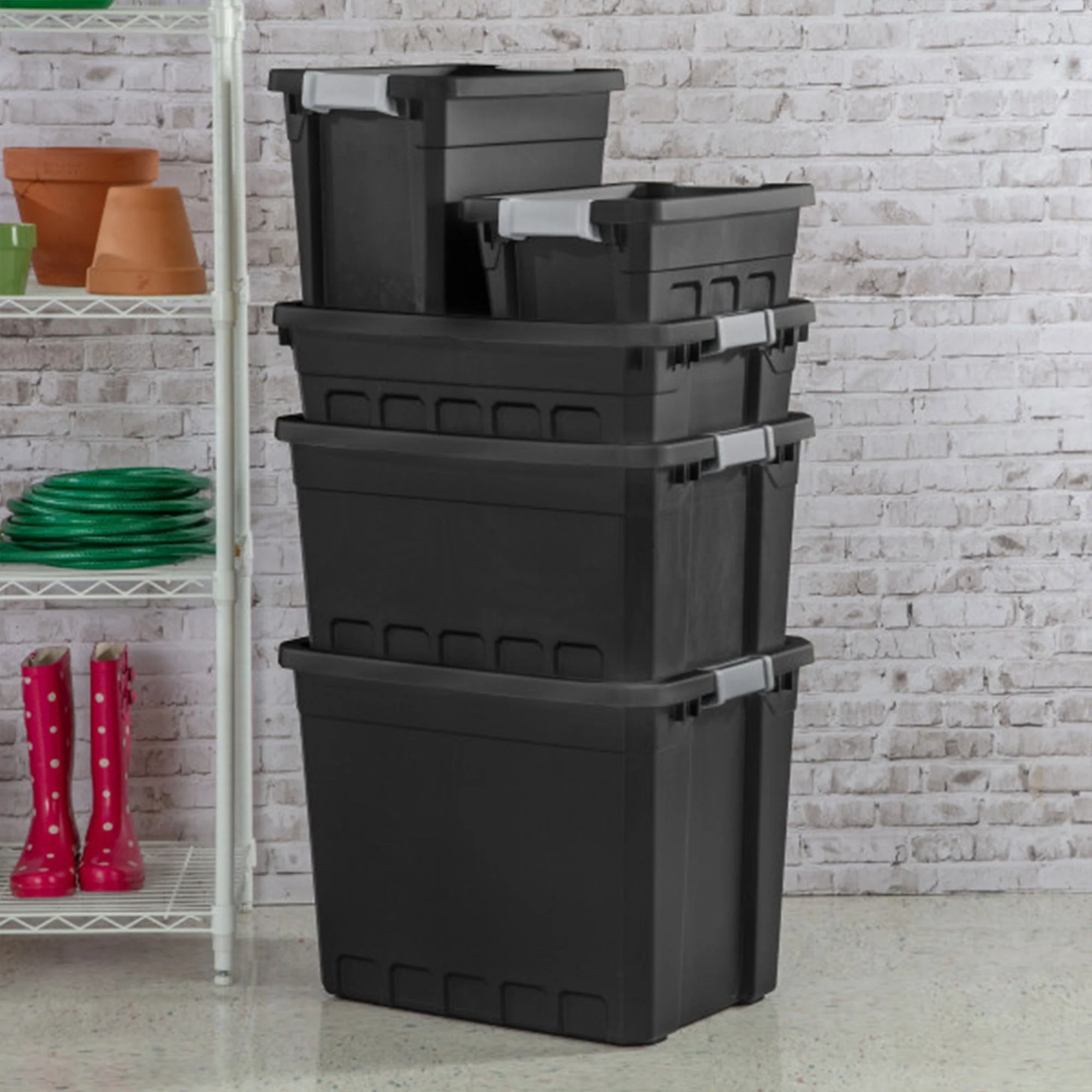 Sterilite 7.5 Gal Rugged Industrial Storage Totes w/ Latch Lids, Black (18 Pack) - Image 7