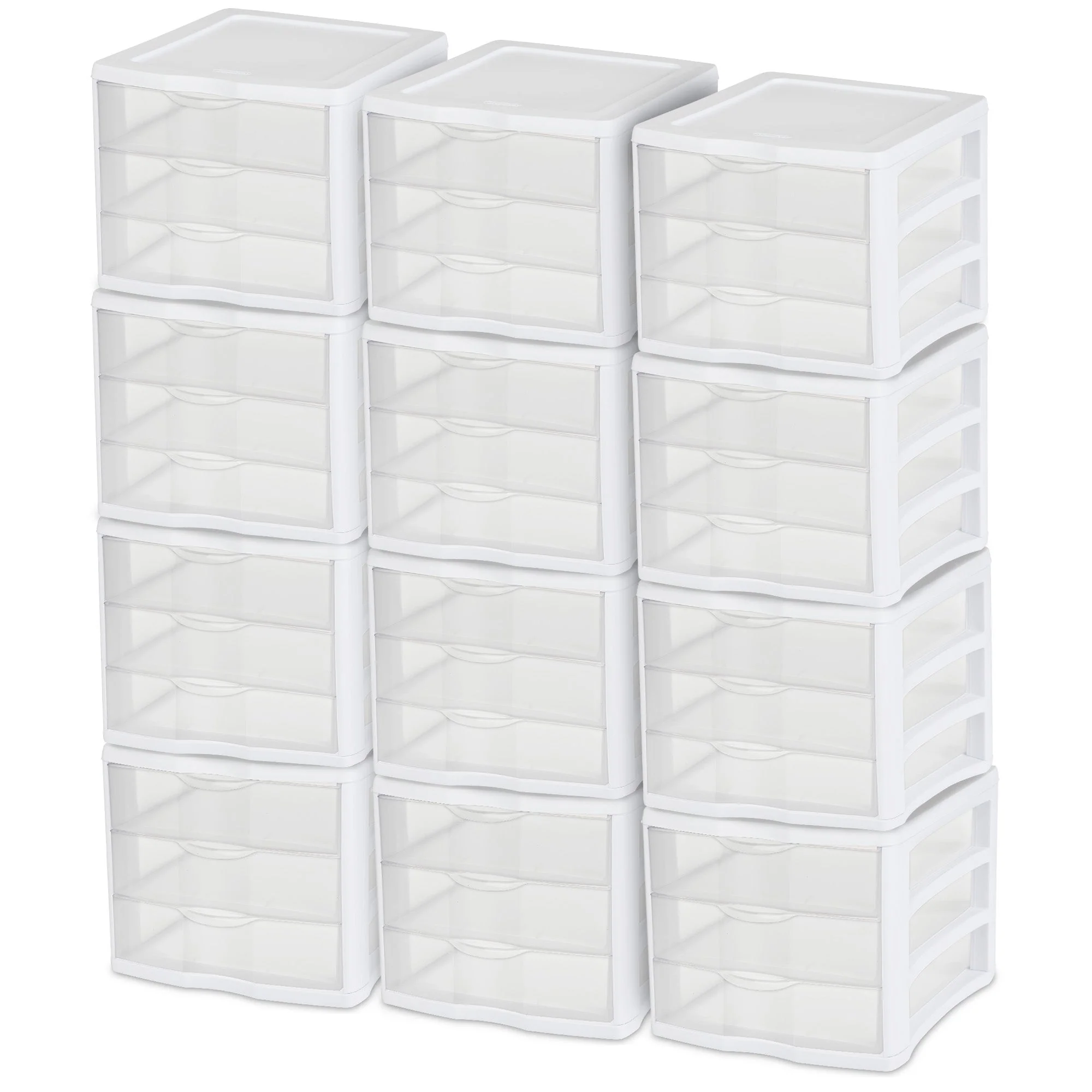 Sterilite ClearView Compact Stacking 3 Drawer Storage Organizer System, 12 Pack