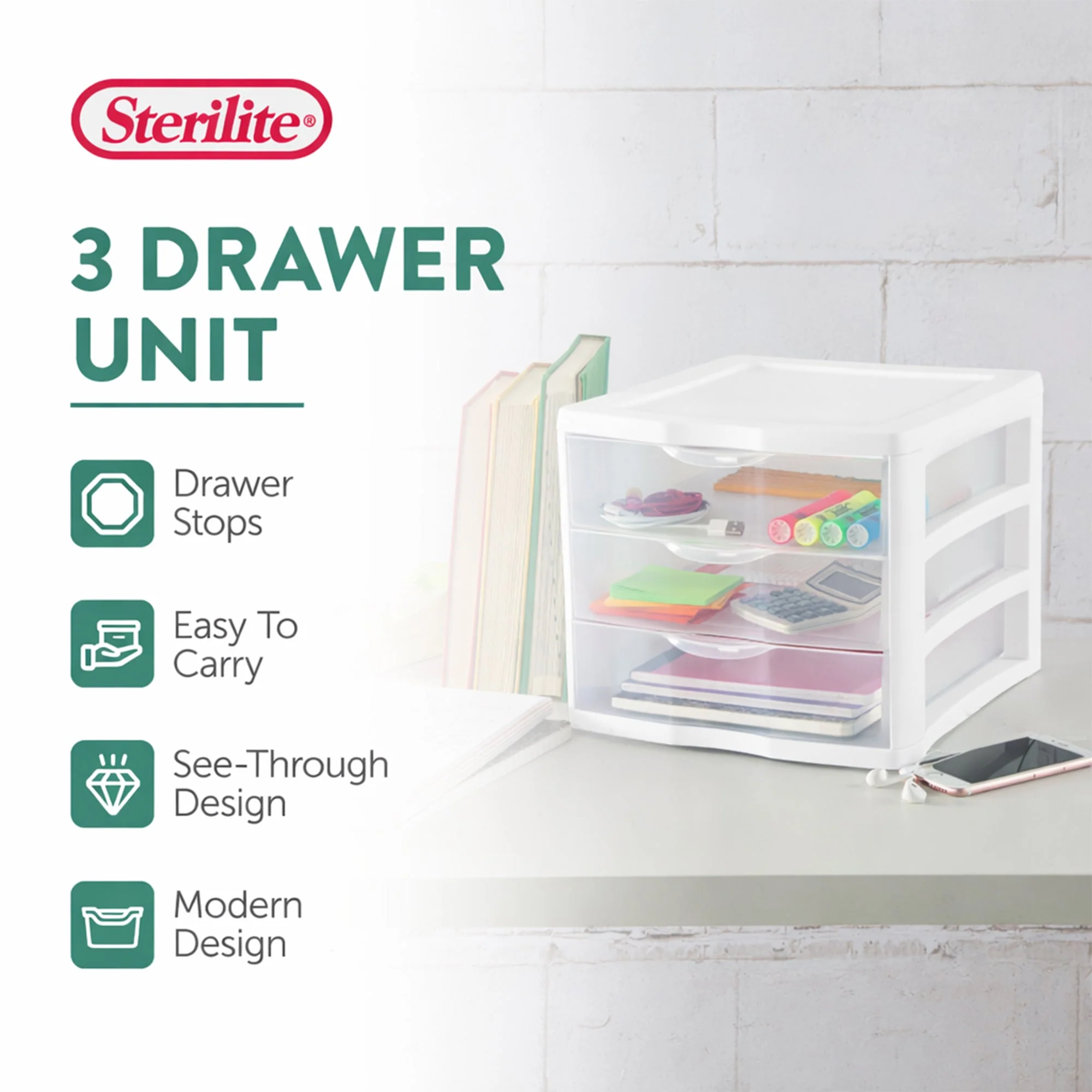 Sterilite ClearView Plastic Small 3 Drawer Desktop Storage Unit, White, 6 Pack - Image 2