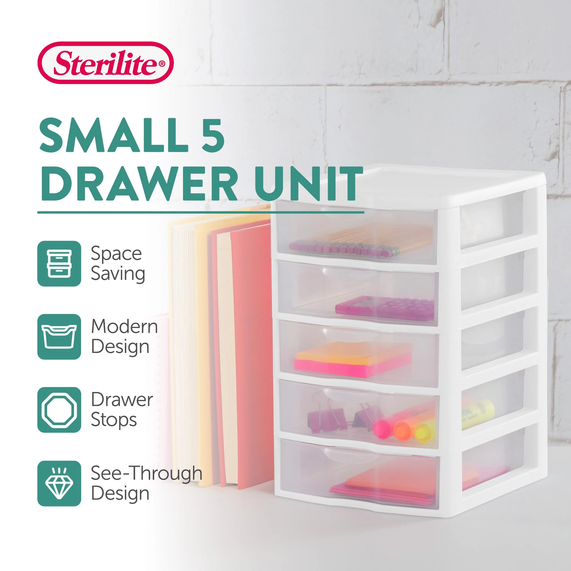 Sterilite Clearview Small Plastic 5 Drawer Desktop Storage System, 4 Pack, White - Image 3