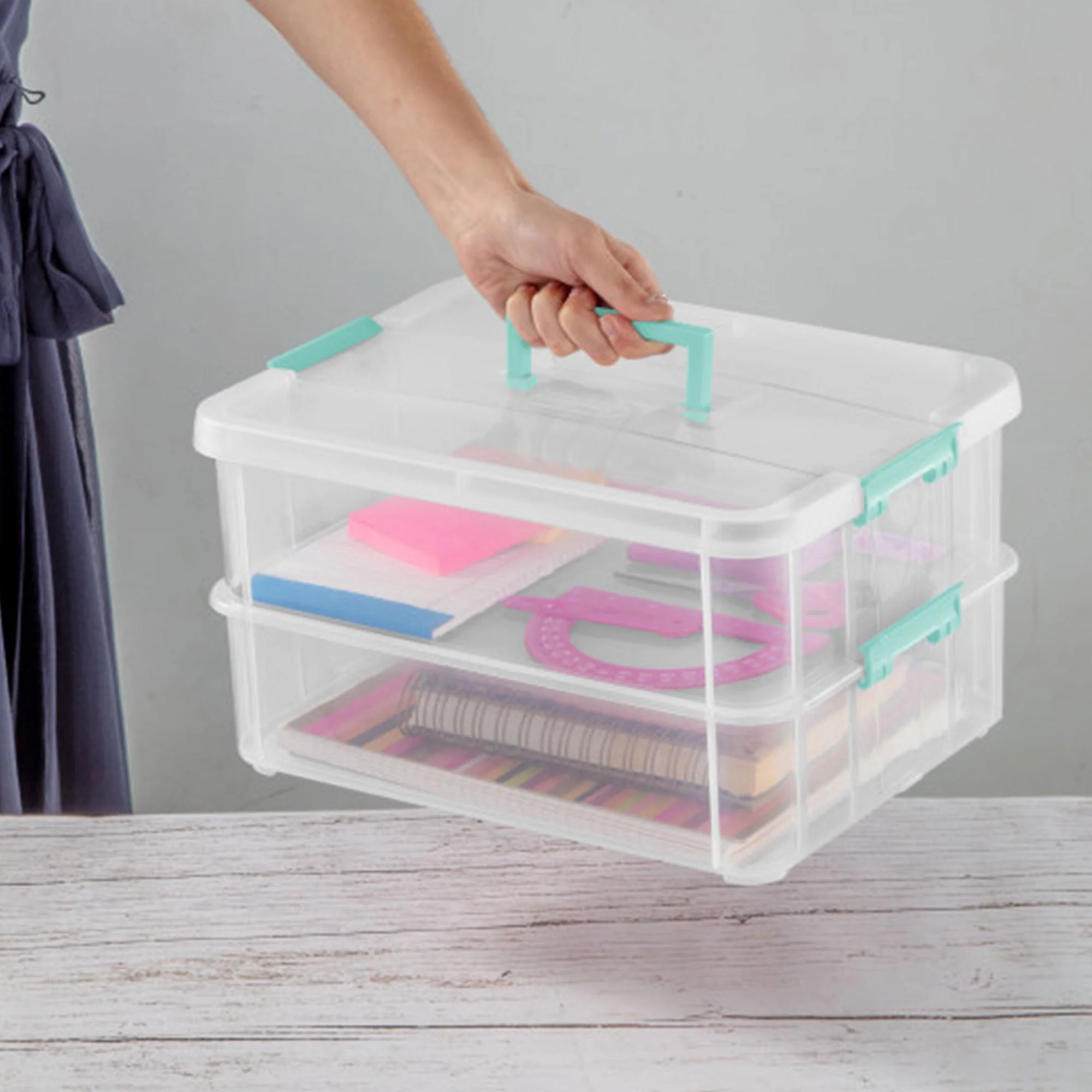 Sterilite Convenient Home 2-Tier Layer Stack Carry Storage Box, Clear (12 Pack) - Image 5