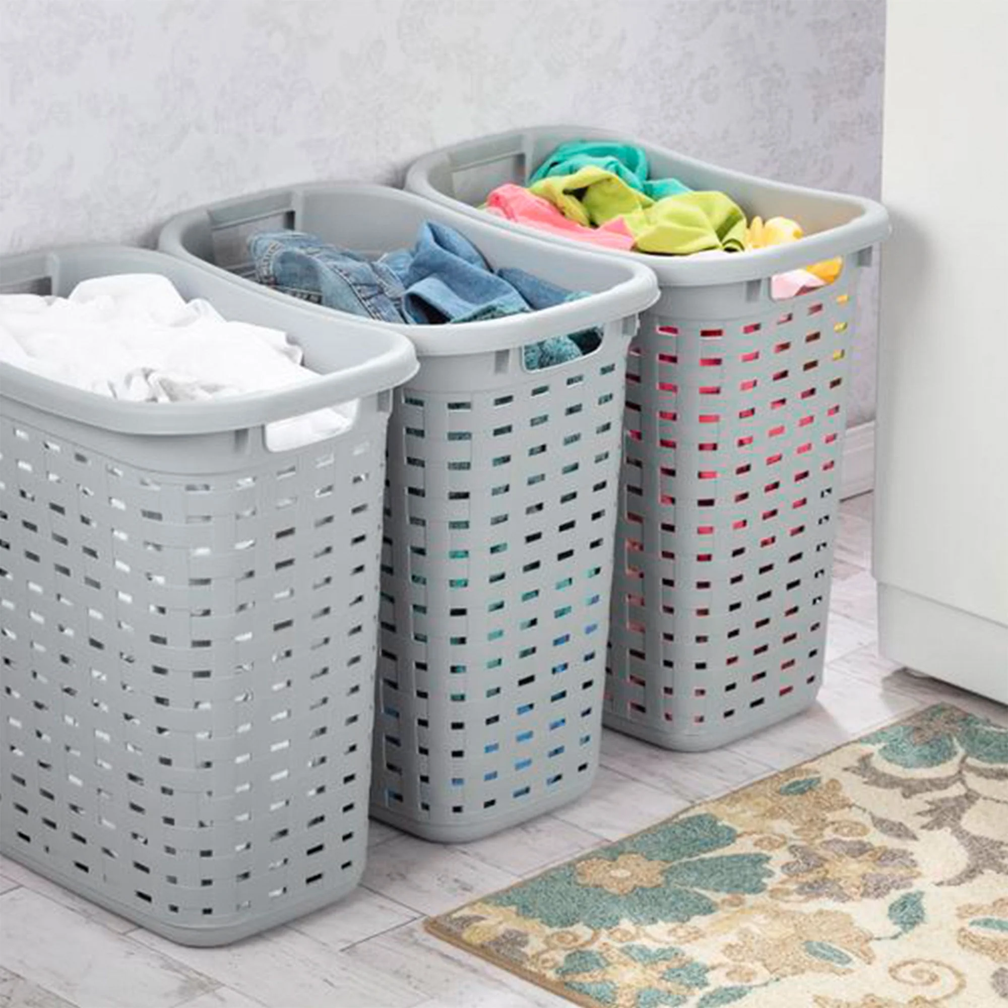 Sterilite Plastic Weave Laundry Hamper Slim Clothes Lidded Basket, Gray, 12-Pack - Image 7