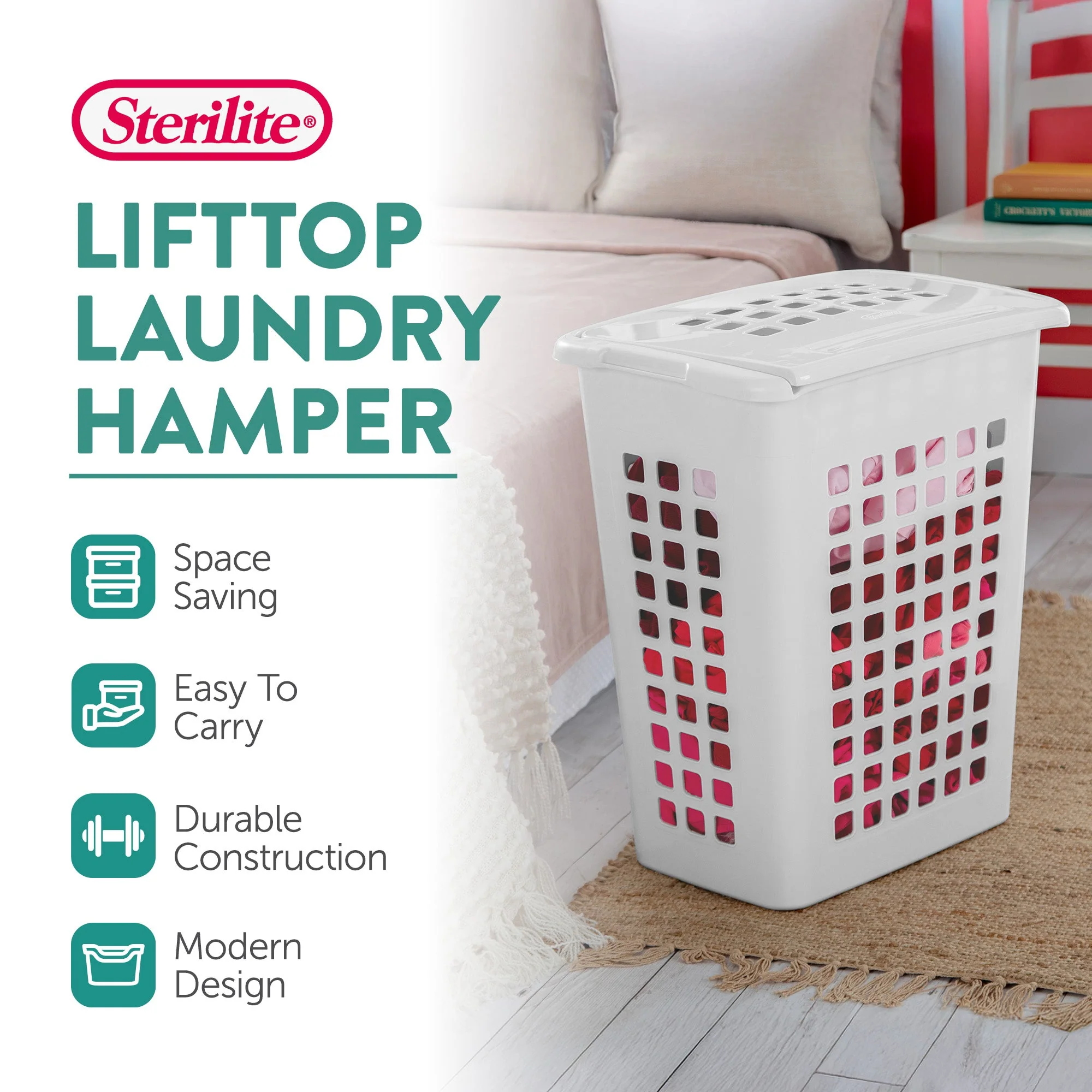 Sterilite Rectangular LiftTop Plastic Clothes Laundry Hamper Bin w/ Lid (4 Pack) - Image 2