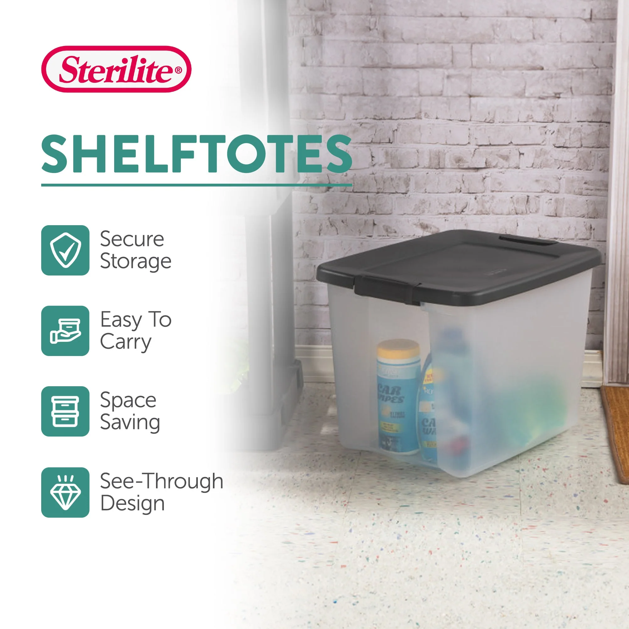 Sterilite ShelfTotes 50 Quart Clear Latched Plastic Storage Container, 18 Pack - Image 2