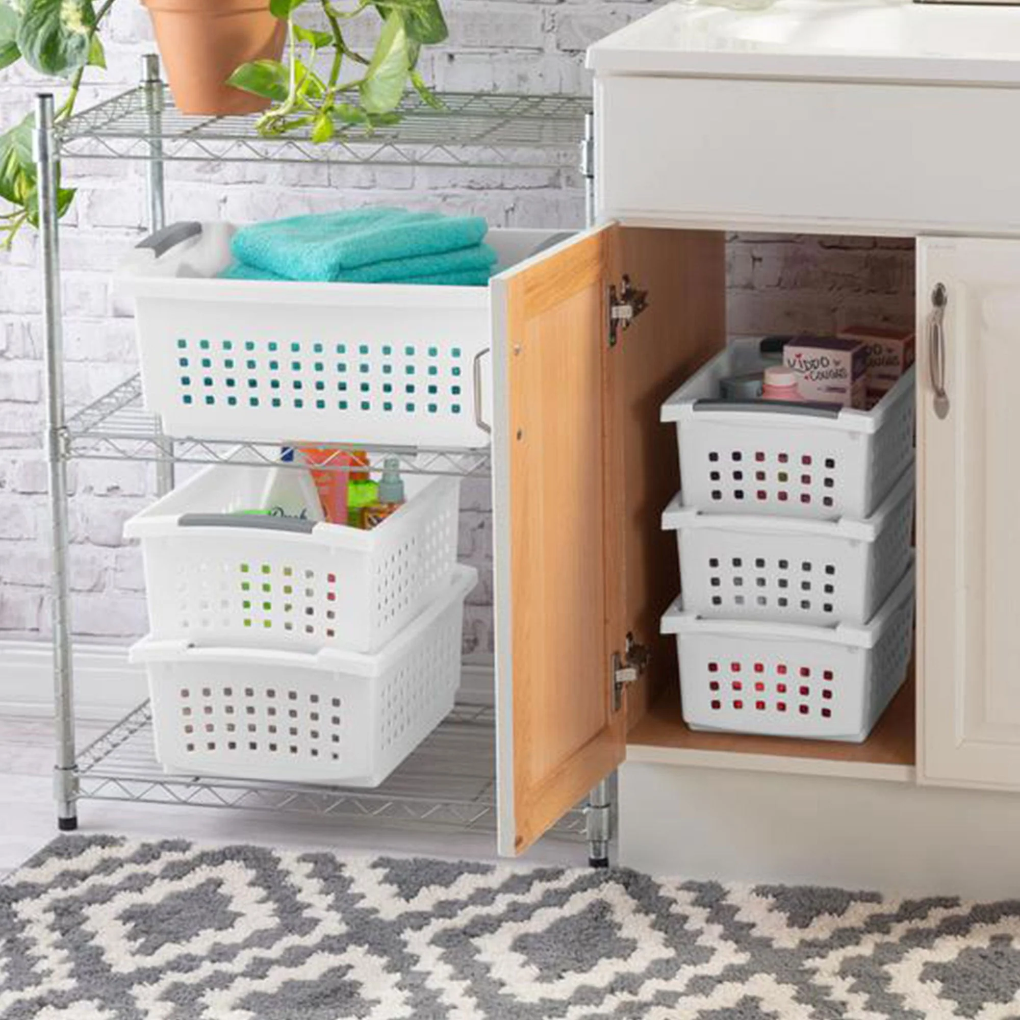 Sterilite Small Stacking Storage Basket with Comfort Grip Handles, 8 Pack, White - Image 4