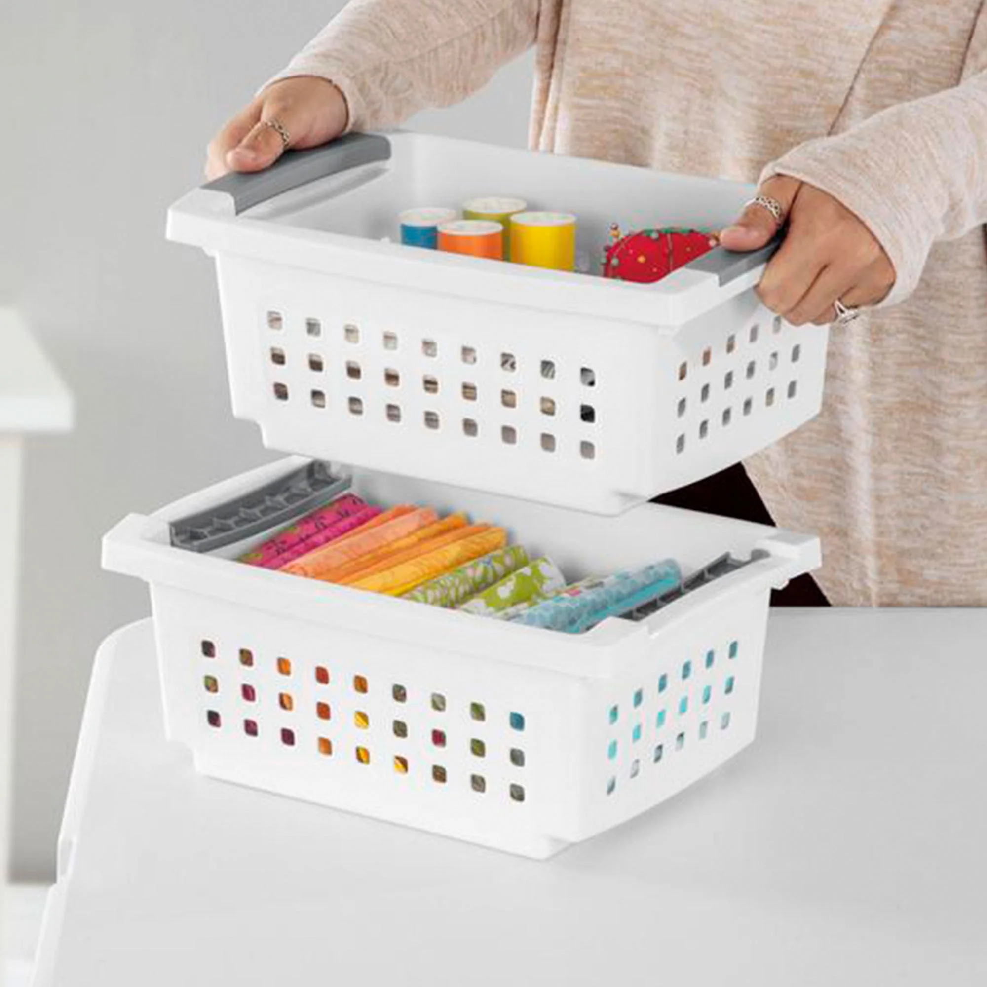 Sterilite Small Stacking Storage Basket with Comfort Grip Handles, 8 Pack, White - Image 7