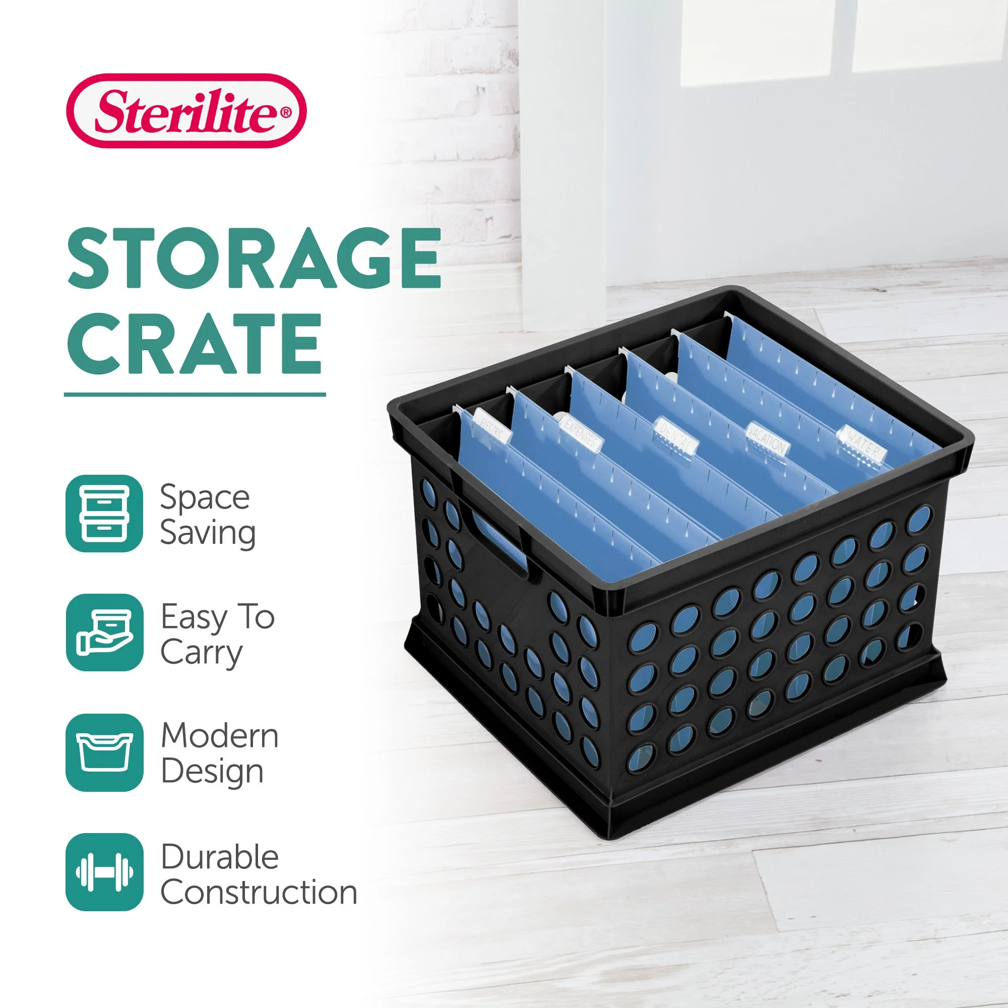 Sterilite Stackable Plastic Storage Open Crate Bin Organizer Box, Black, 12 Pack - Image 2
