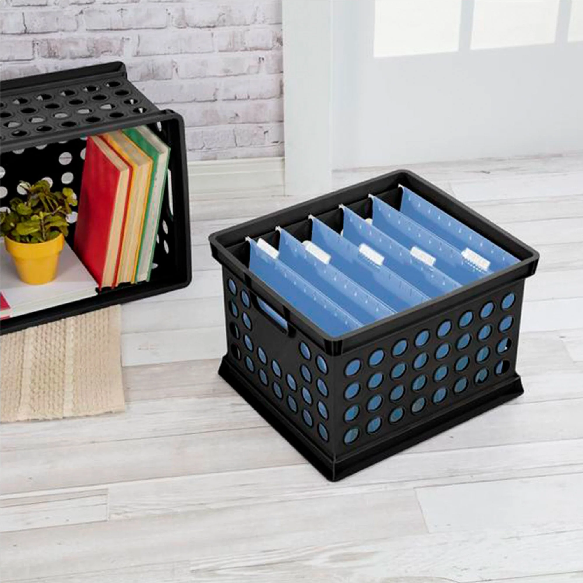 Sterilite Stackable Plastic Storage Open Crate Bin Organizer Box, Black, 24 Pack - Image 6