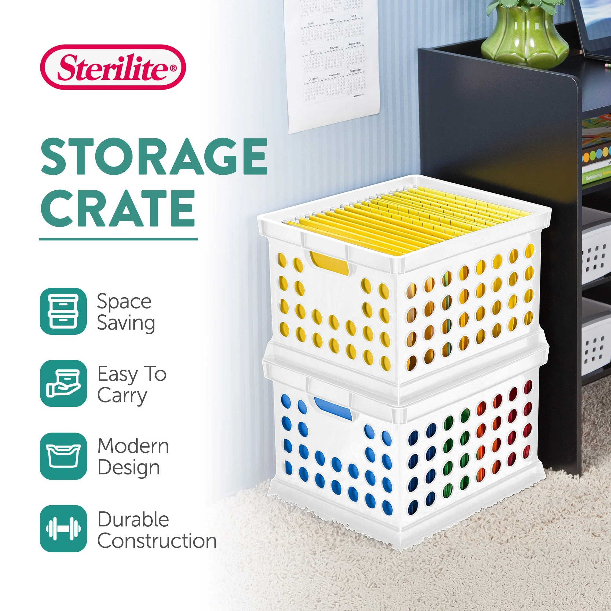 Sterilite Stackable Plastic Storage Open Crate Bin Organizer Box, White, 18-Pack - Image 3