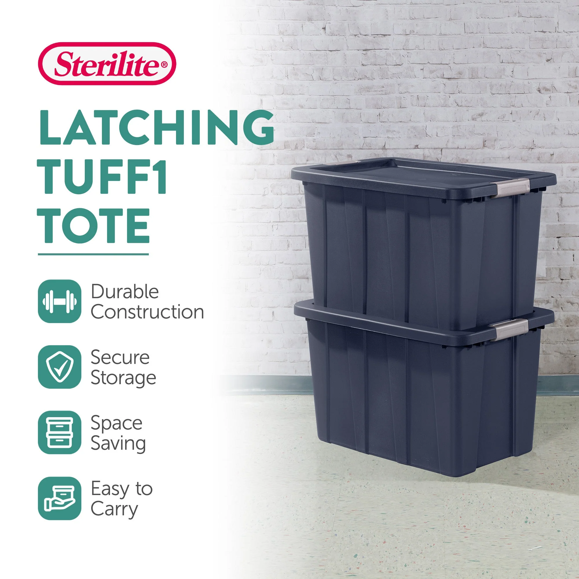 Sterilite Tuff1 30 Gal Plastic Storage Tote Bin w/ Latching Lid, Blue (12 Pack) - Image 3