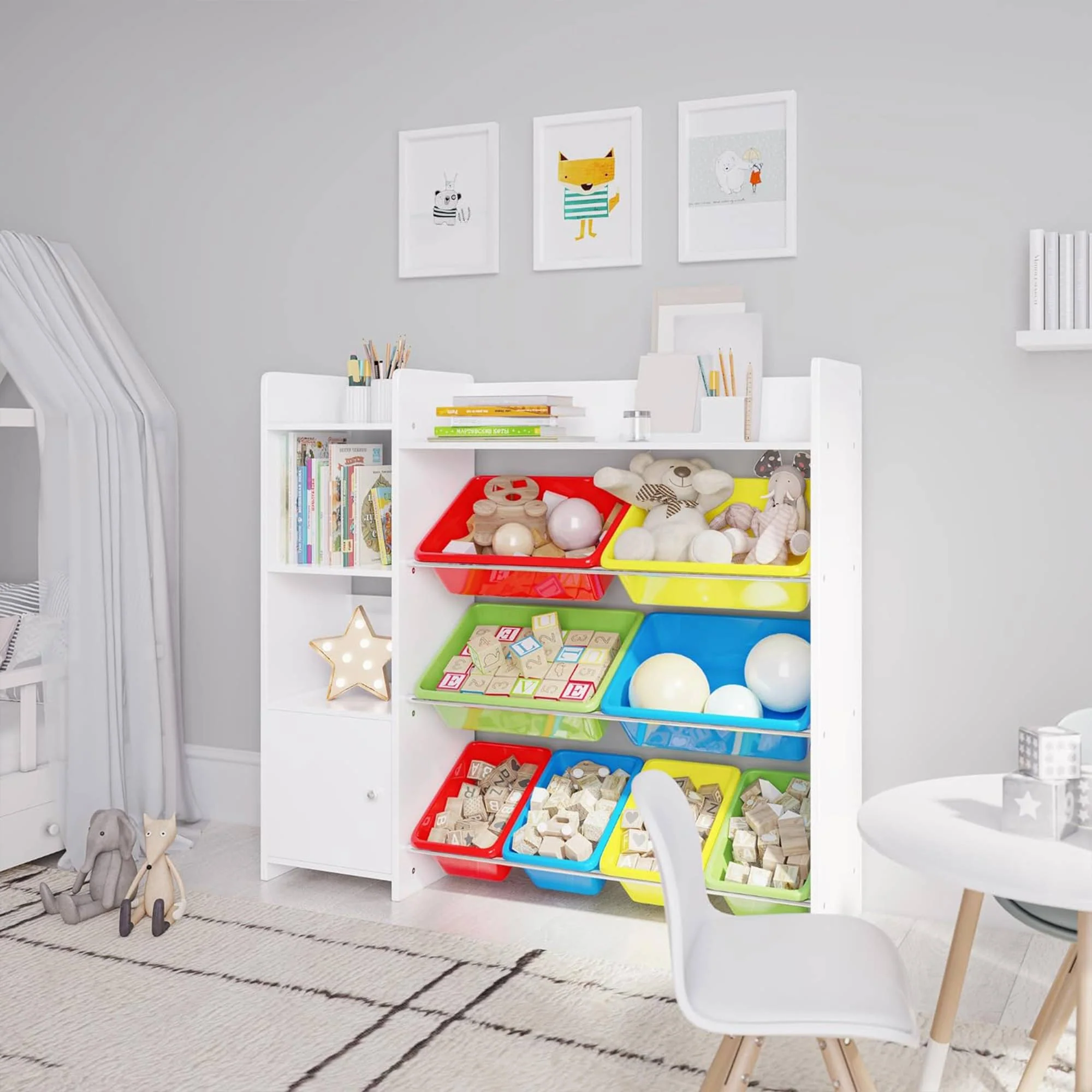 Sturdis Kids Toy Storage Organizer with Bookshelf, Top Shelf and 8 Colorful Bins - Image 10