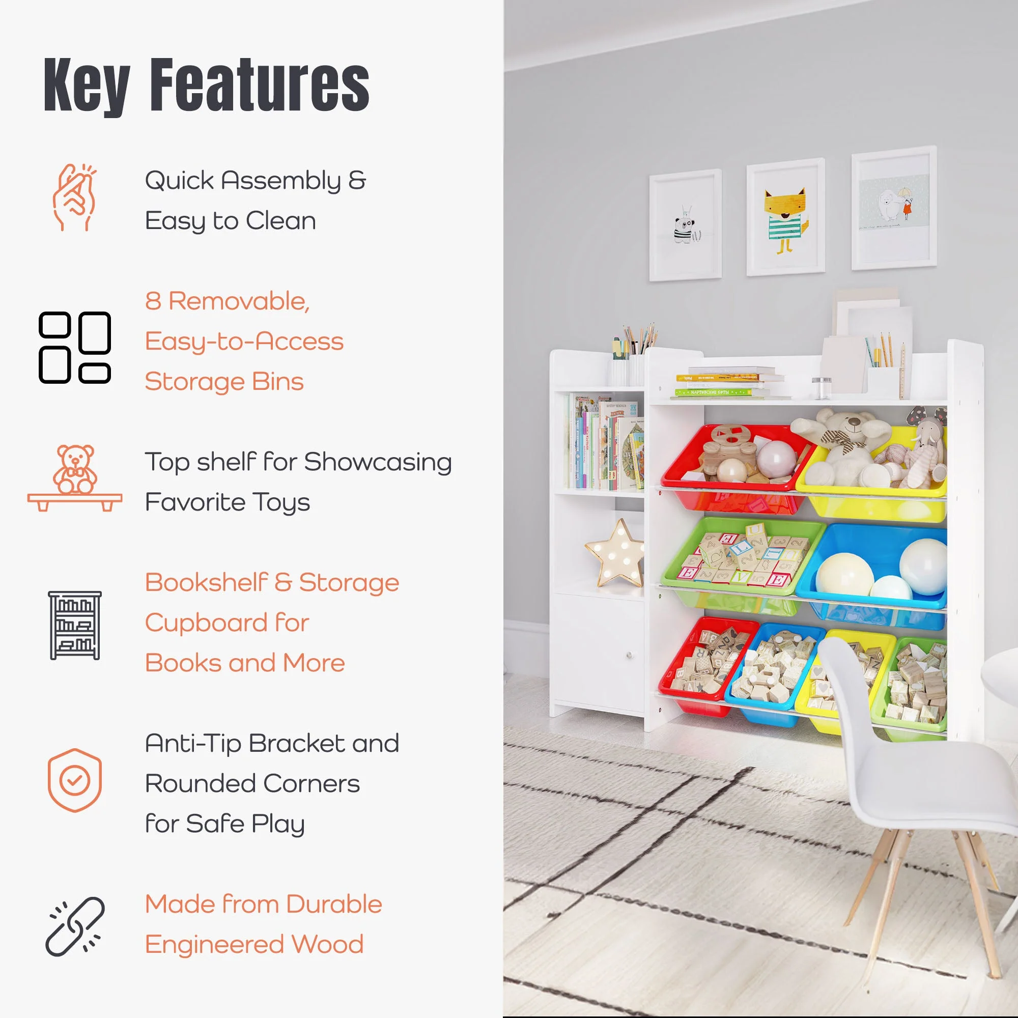 Sturdis Kids Toy Storage Organizer with Bookshelf, Top Shelf and 8 Colorful Bins - Image 3