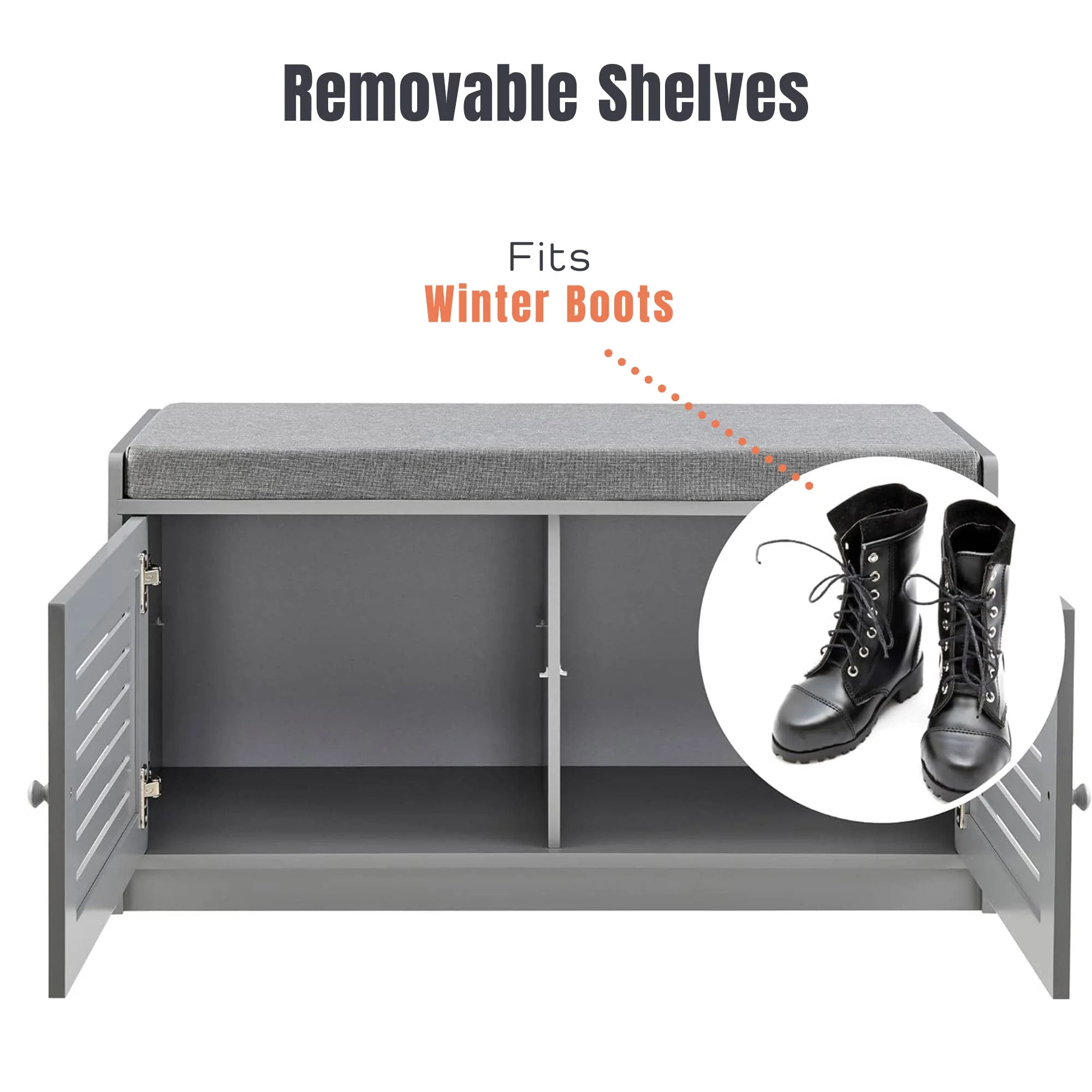 Sturdis Modern Shoe Storage Bench w/ Adjustable Shelves & Cushioned Seat, Gray - Image 6