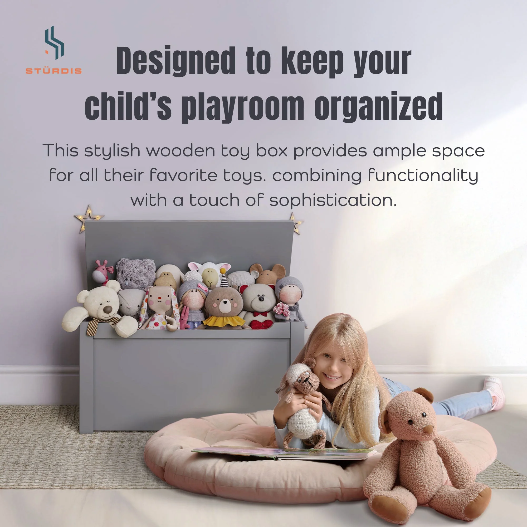 Sturdis Wooden Toy Box Stylish and Spacious Storage for Home Organization, Gray - Image 2