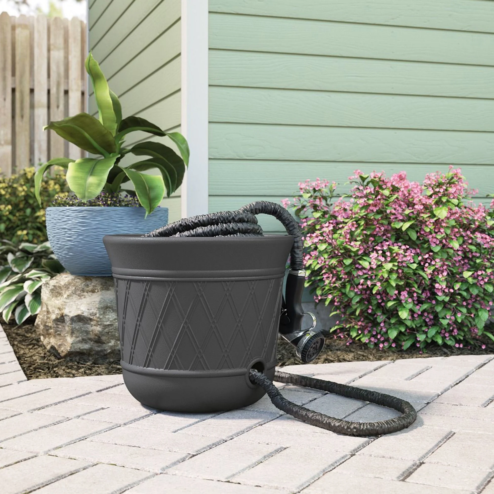 Suncast 14'' x 12" Decorative Hideaway Garden Hose Storage Pot, Gray (8 Pack) - Image 5