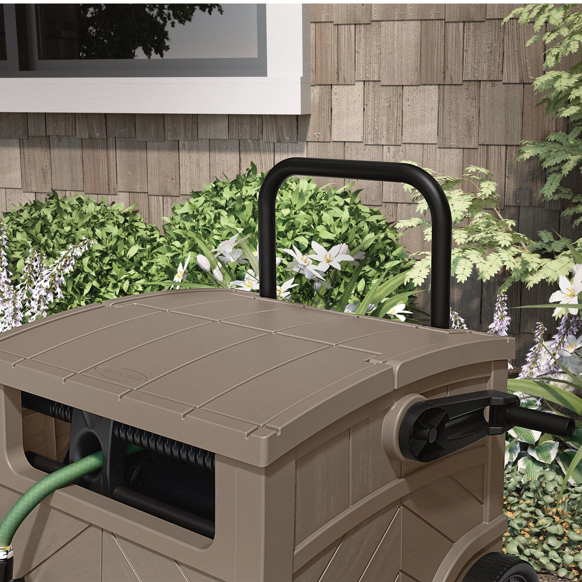 Suncast 150 Foot Baywood Smart Tube Wheeled Hose Reel Hideaway Cart, Dark Taupe - Image 6