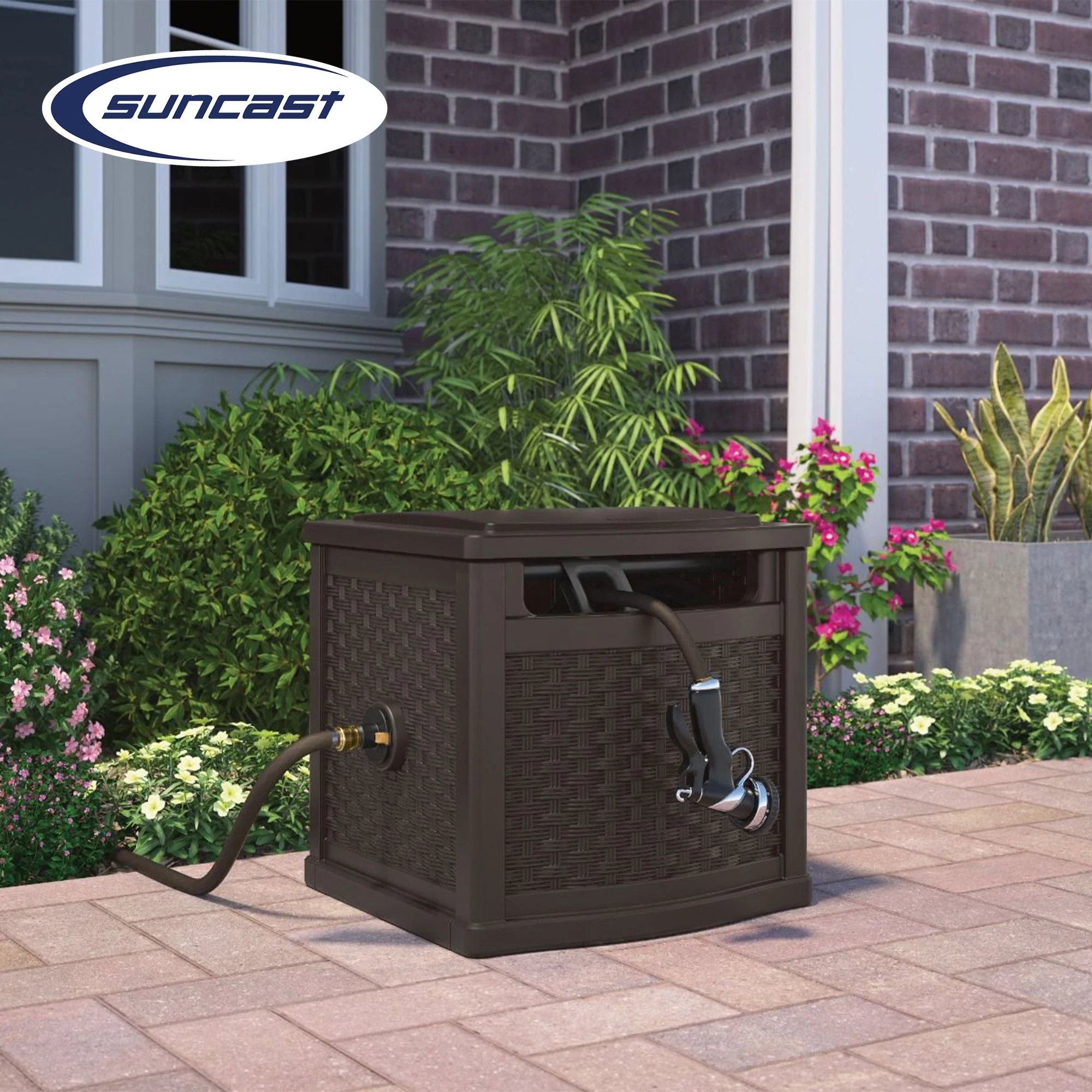 Suncast 150 Foot Slide Trak Outdoor Garden Water Hose Hideaway for Patio, Java - Image 4