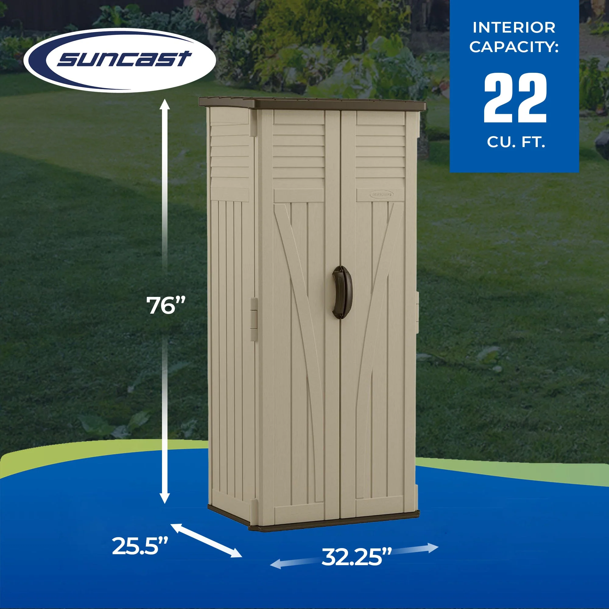 Suncast 22 Cubic Feet All-Weather Vertical Tall Outdoor Storage Shed, Brown - Image 3
