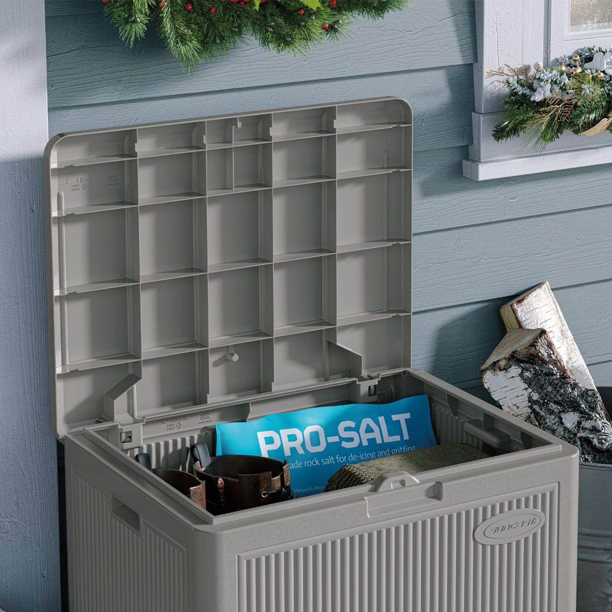 Suncast 22 Gallon Indoor Outdoor Small Patio Deck Box Storage Chest, Stoney - Image 7