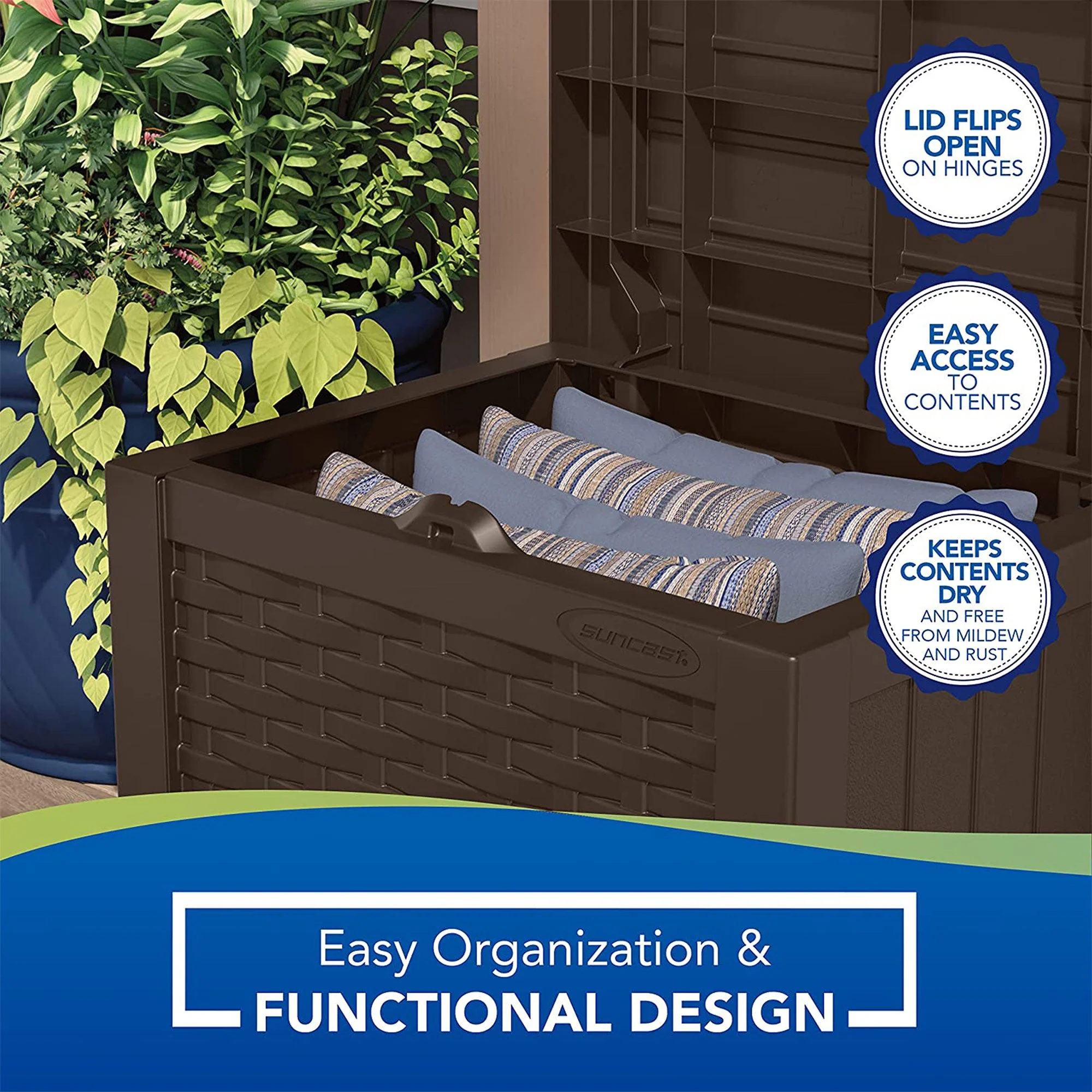 Suncast 22 Gallon Outdoor Patio Small Deck Box with Storage Seat, Java (3 Pack) - Image 10