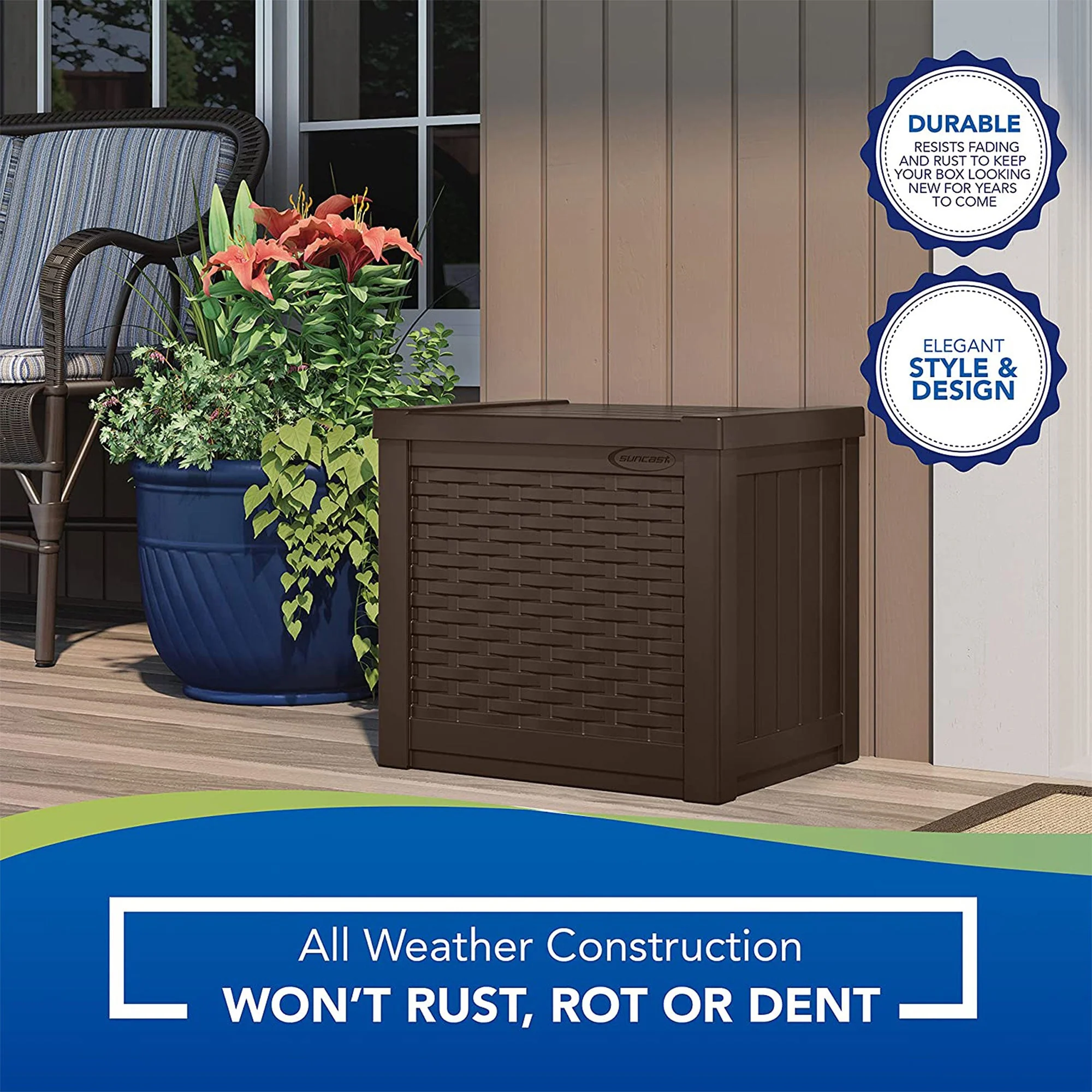 Suncast 22 Gallon Outdoor Patio Small Deck Box with Storage Seat, Java (3 Pack) - Image 8