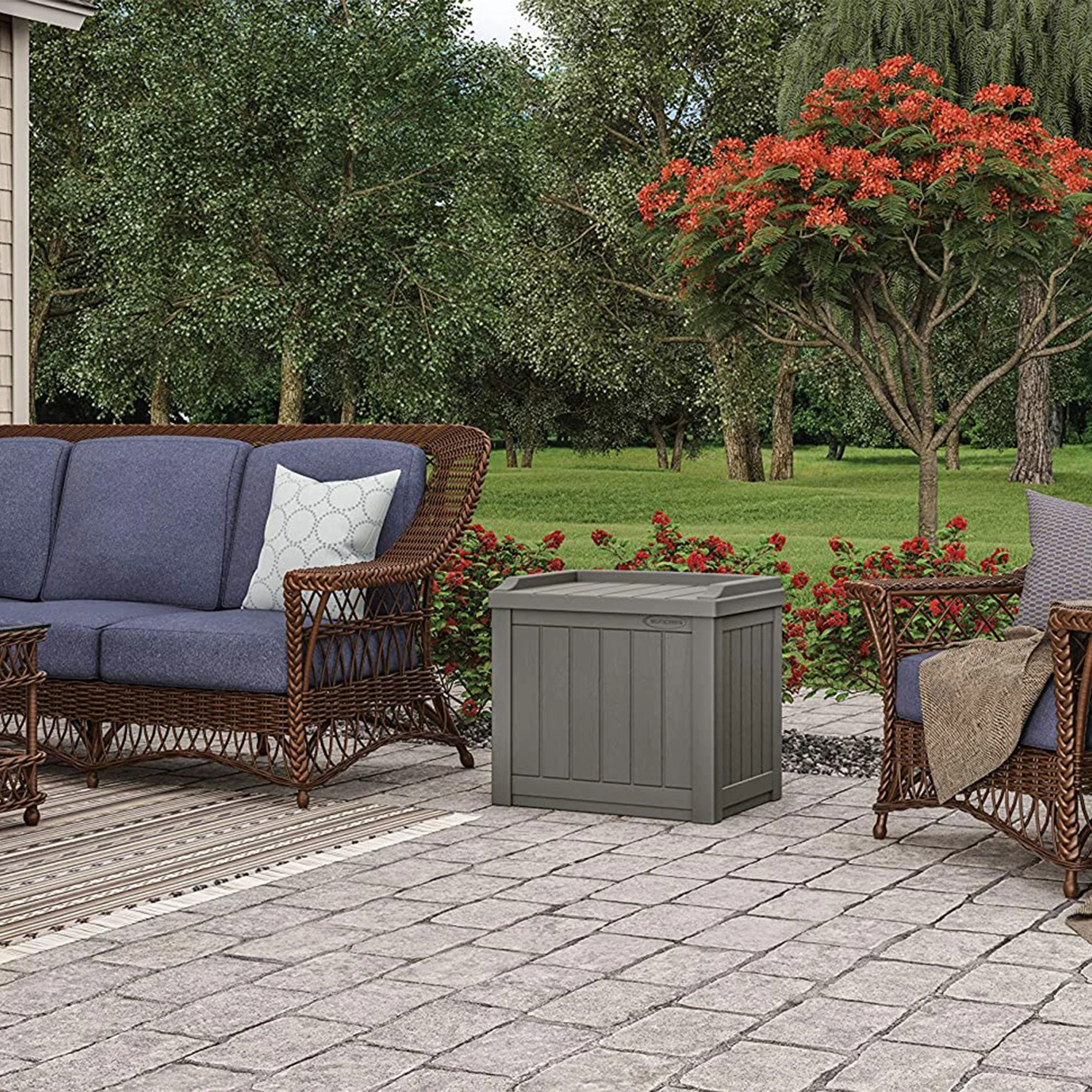 Suncast 22 Gallon Outdoor Patio Small Deck Box with Storage Seat, Stone (2 Pack) - Image 4
