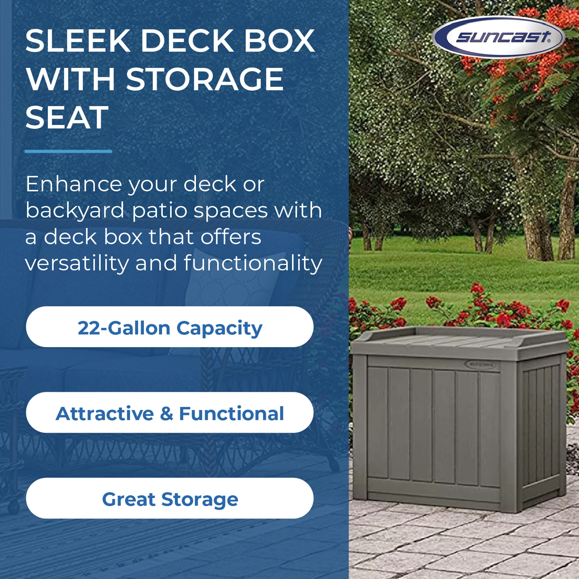 Suncast 22 Gallon Outdoor Patio Small Deck Box with Storage Seat, Stone (2 Pack) - Image 6