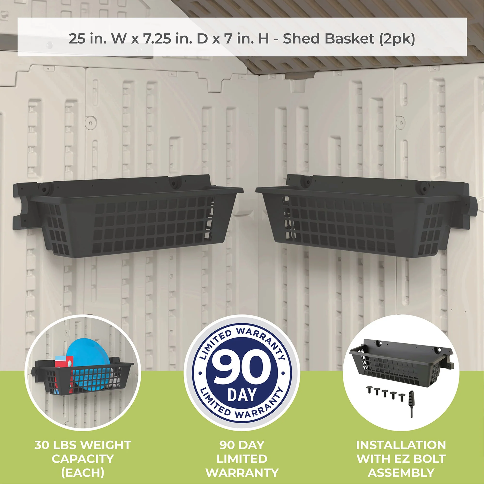 Suncast 25 x 7.25 Inch Basket Accessory for Outdoor Shed, Black ( 2-Pack) - Image 7