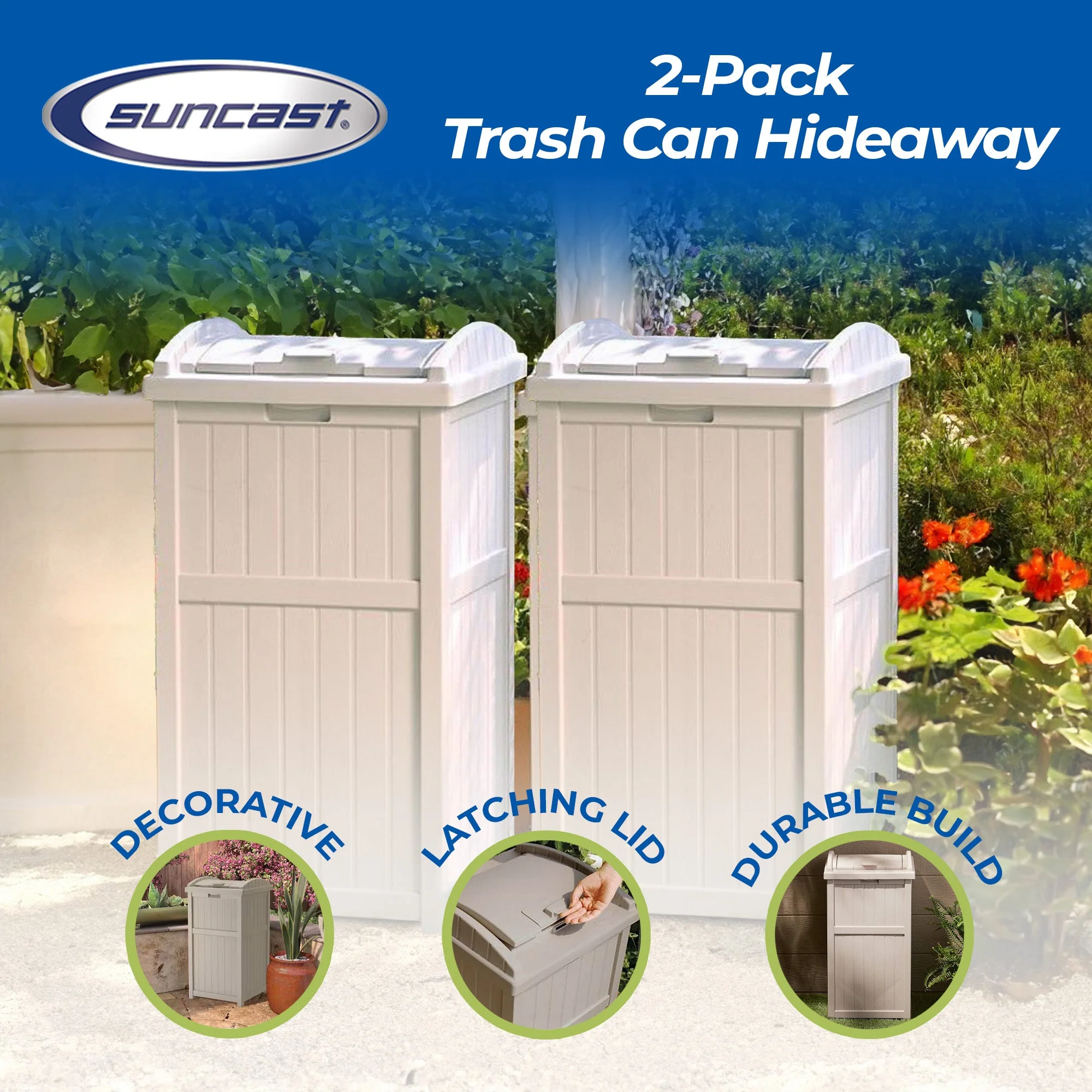 Suncast 30-33 Gallon Deck Patio Resin Garbage Trash Can Hideaway, Taupe (2 Pack) - Image 2
