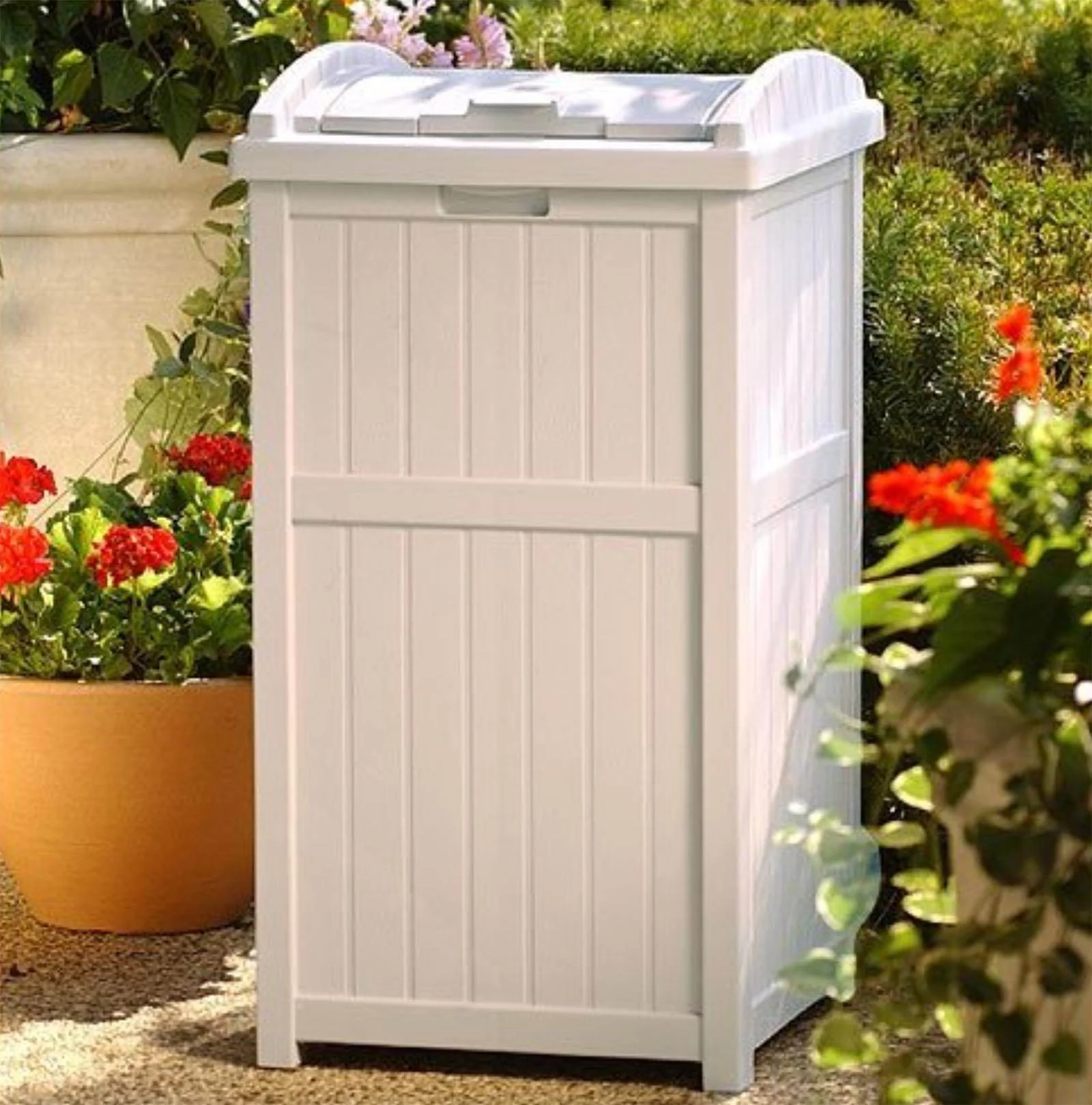 Suncast 30-33 Gallon Deck Patio Resin Garbage Trash Can Hideaway, Taupe (2 Pack) - Image 7