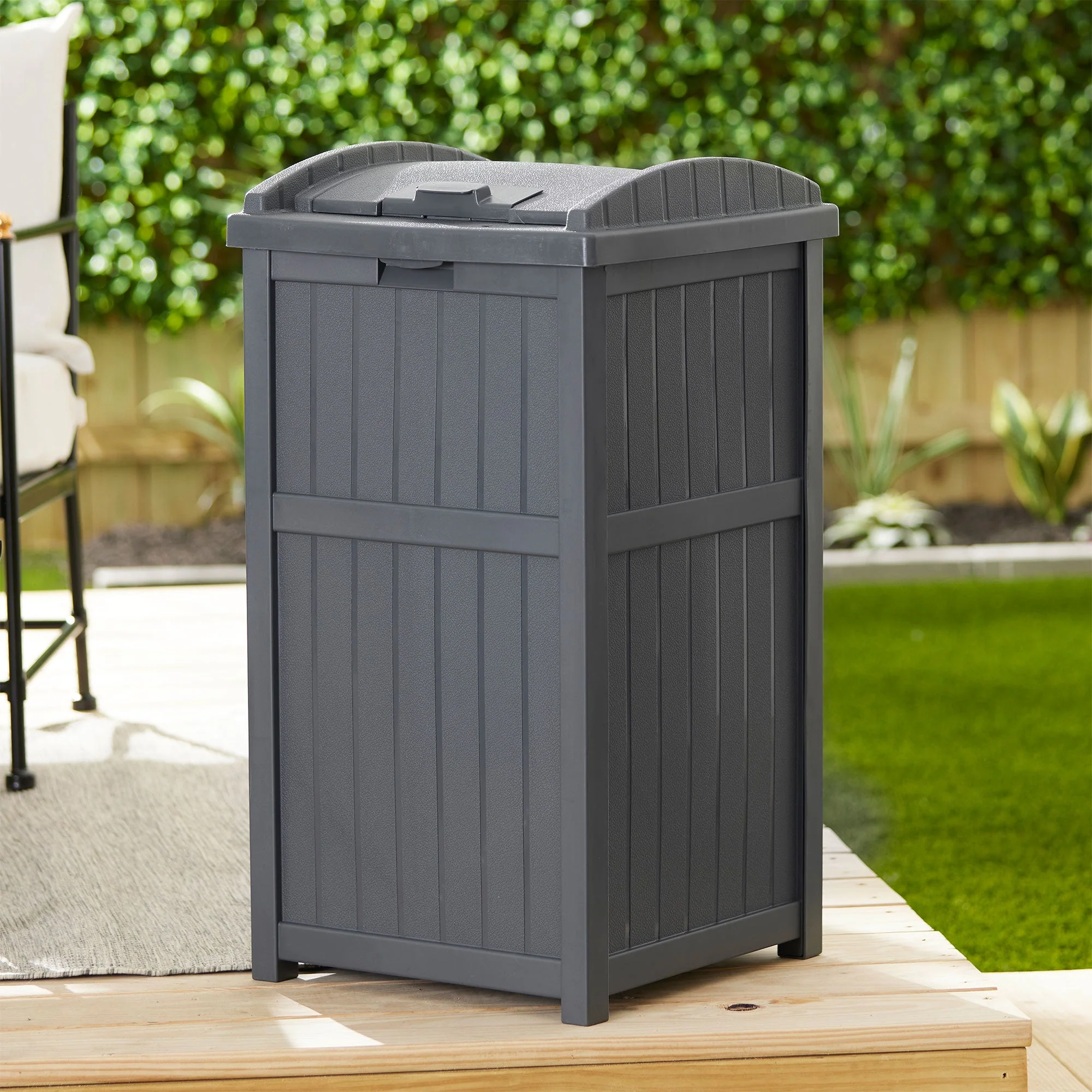 Suncast 30 Gallon Hideaway Trash Waste Bins for Outdoor, Cyberspace (2 Pack) - Image 11