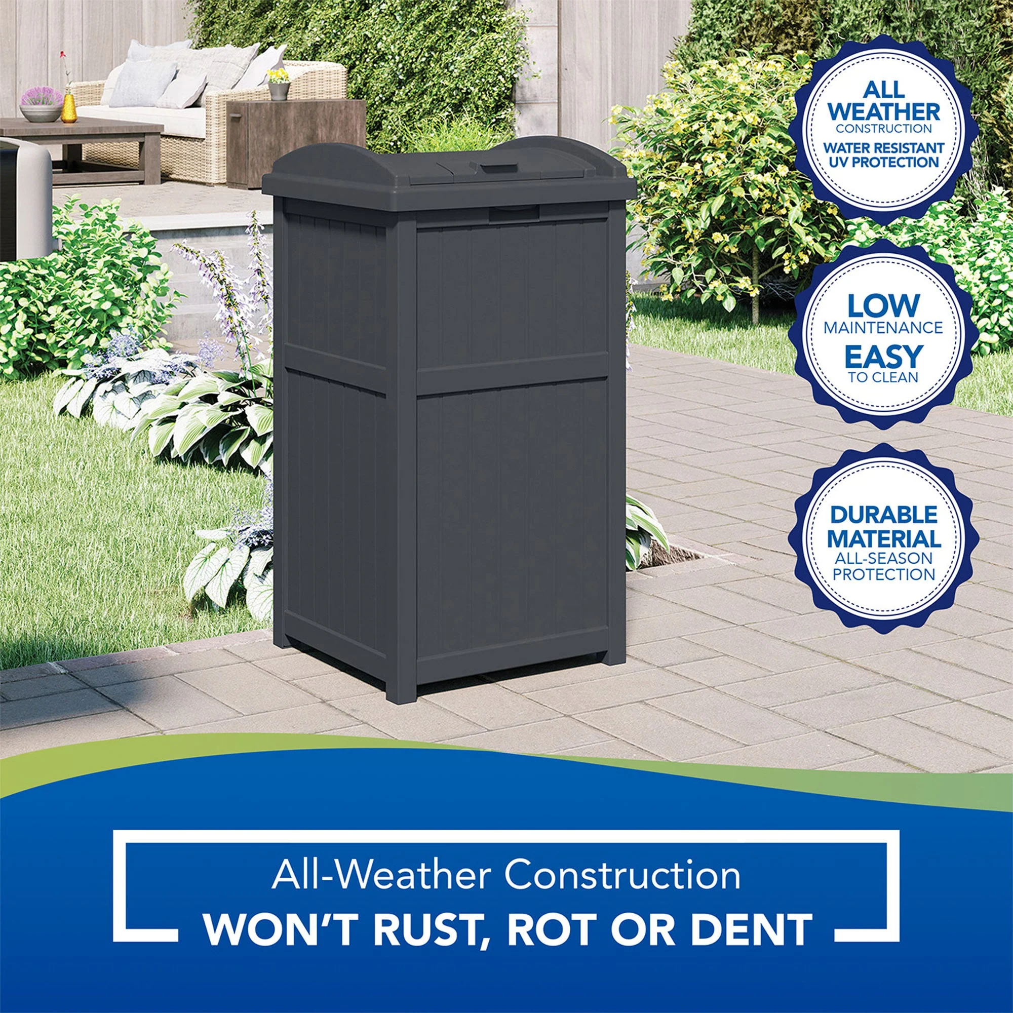 Suncast 30 Gallon Hideaway Trash Waste Bins for Outdoor, Cyberspace (3 Pack) - Image 7