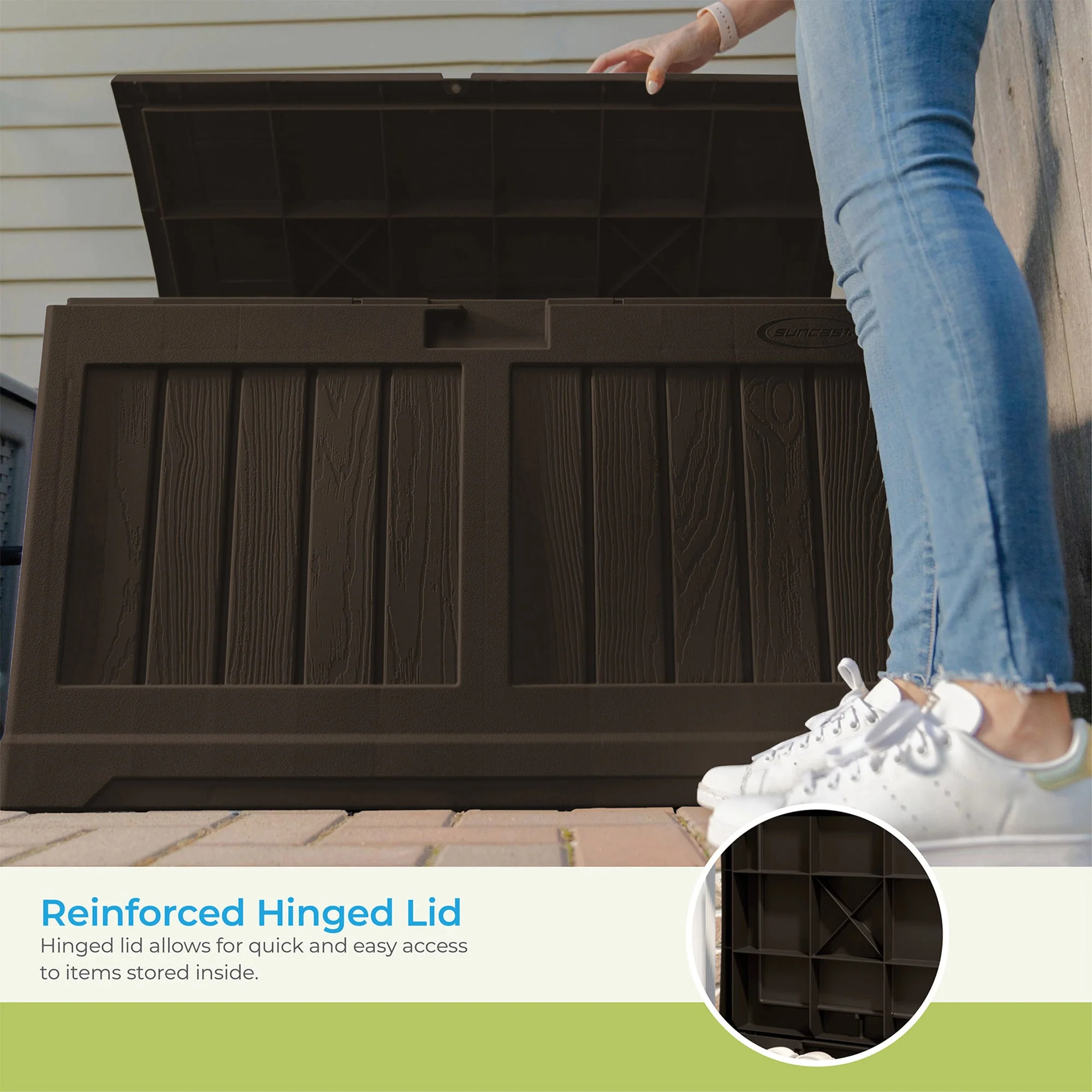 Suncast 50 Gallon Medium Capacity Resin Outdoor Storage Deck Box with Seat, Java - Image 4