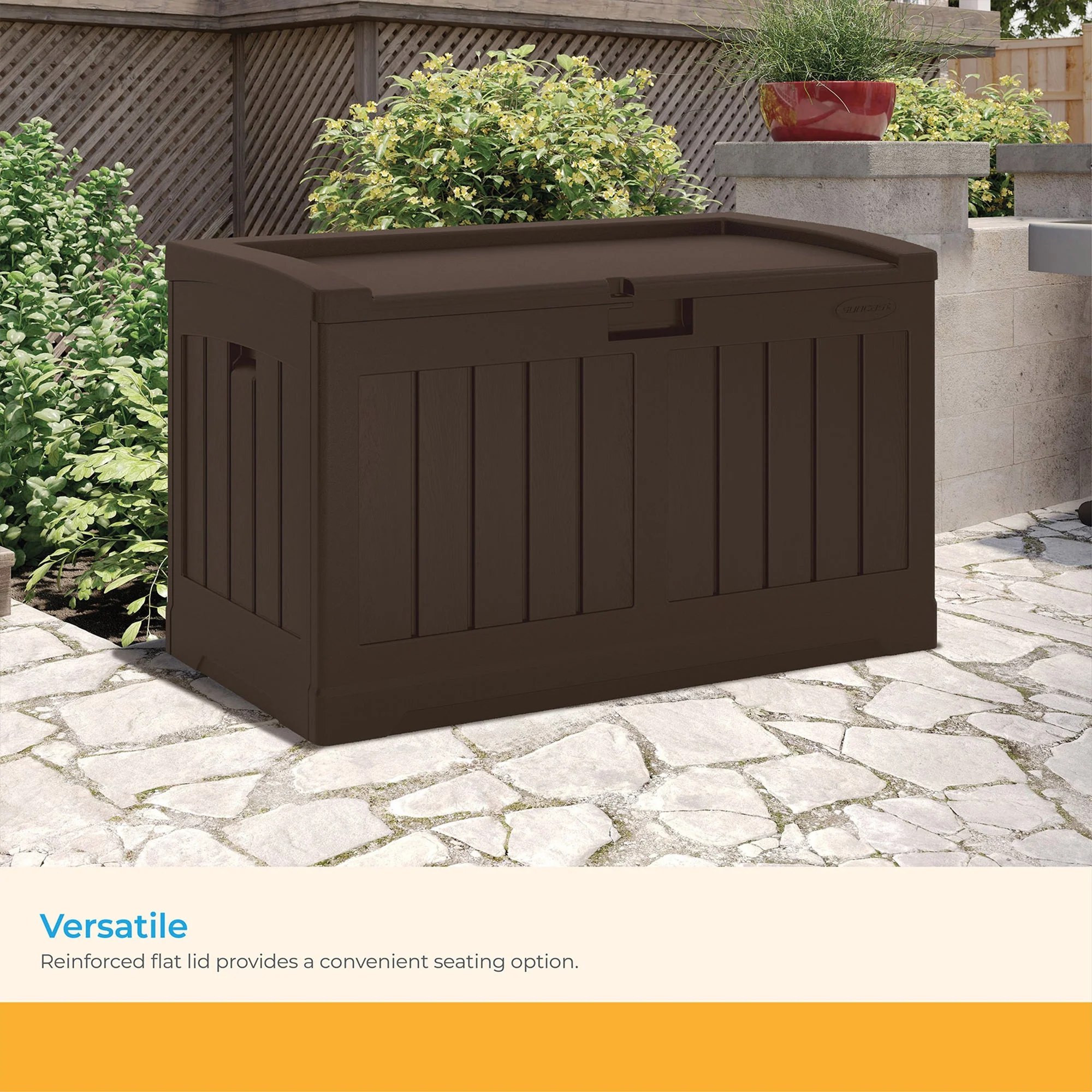 Suncast 50 Gallon Medium Capacity Resin Outdoor Storage Deck Box with Seat, Java - Image 5