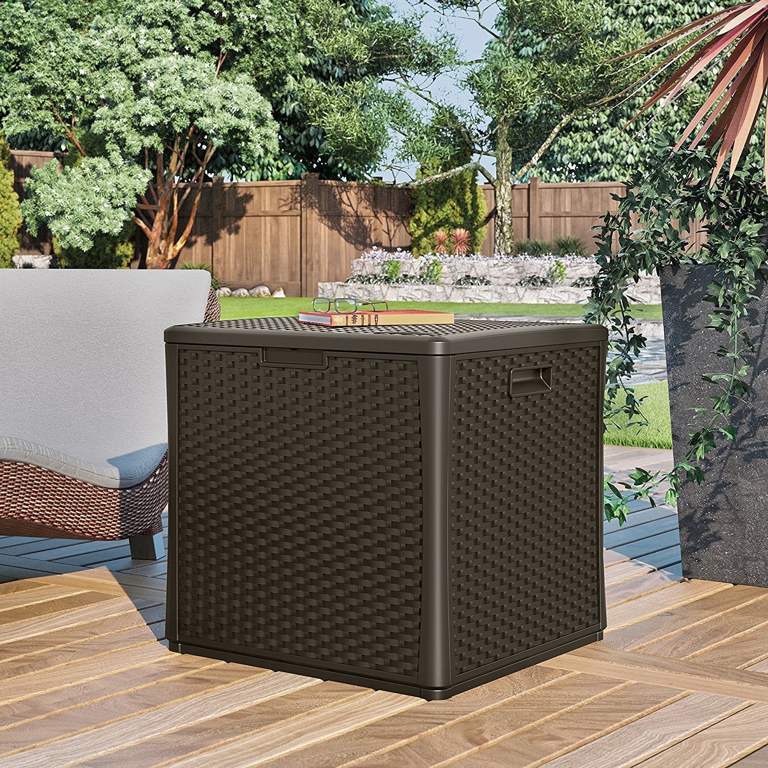 Suncast 60 Gallon Outdoor Storage Deck Box & 33 Gallon Trash Hideaway, Java - Image 5