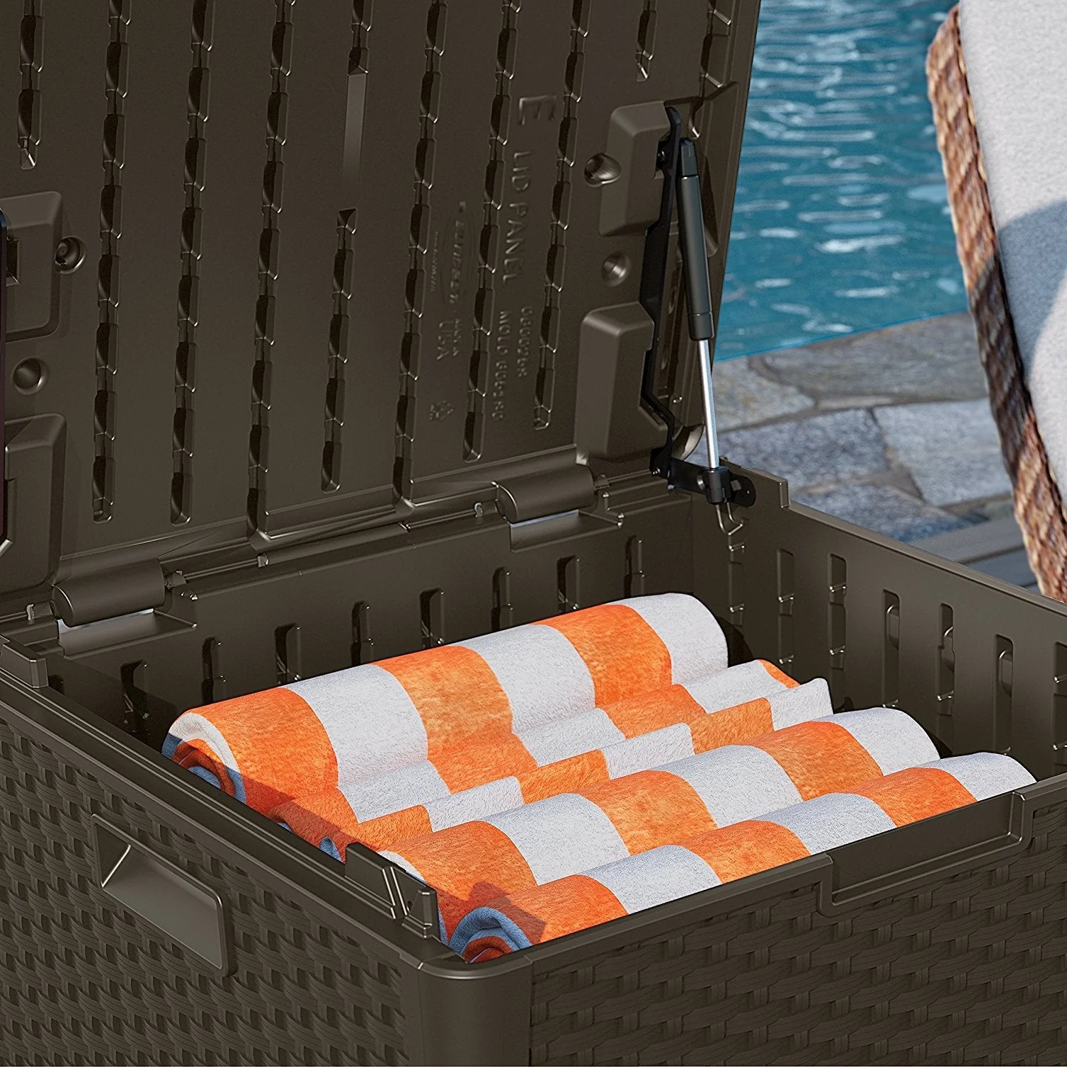 Suncast 60 Gallon Outdoor Storage Deck Box & 33 Gallon Trash Hideaway, Java - Image 6