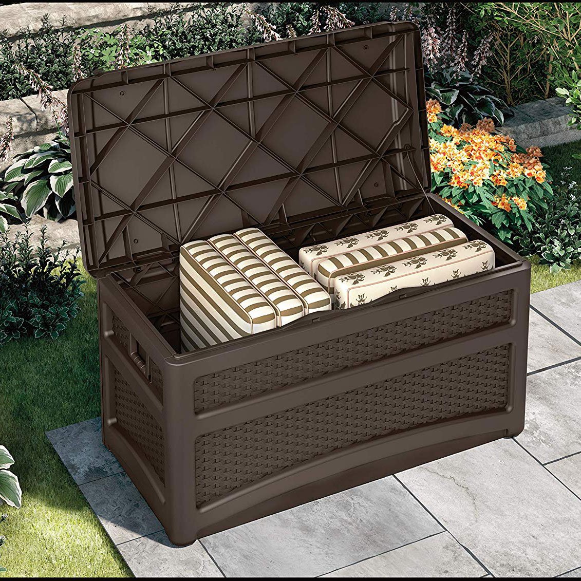 Suncast 73 Gallon Deck Box w/ Seat & Trash Hideaway Outdoor Garbage Bin, Java - Image 3