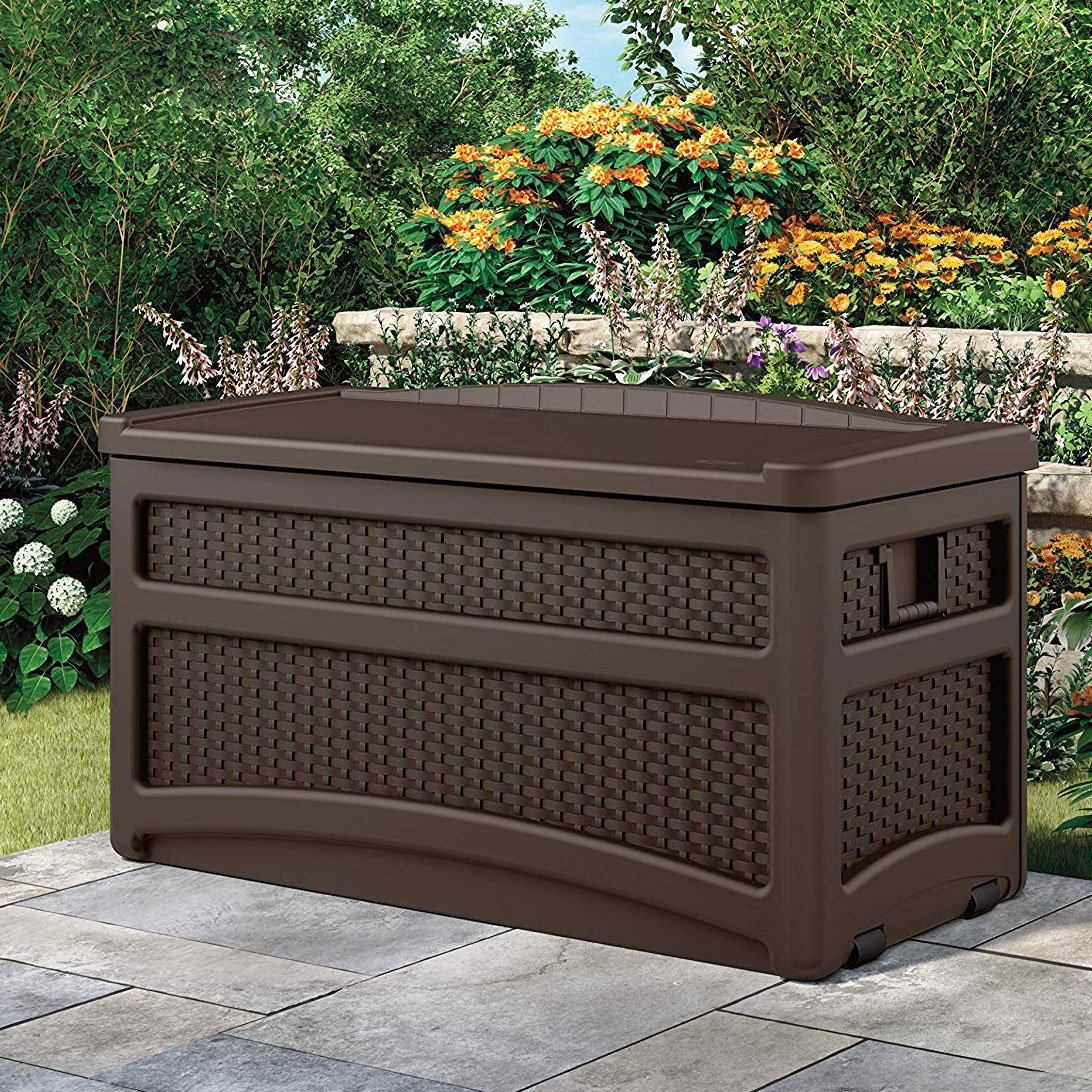 Suncast 73 Gallon Deck Box w/ Seat & Trash Hideaway Outdoor Garbage Bin, Java - Image 4