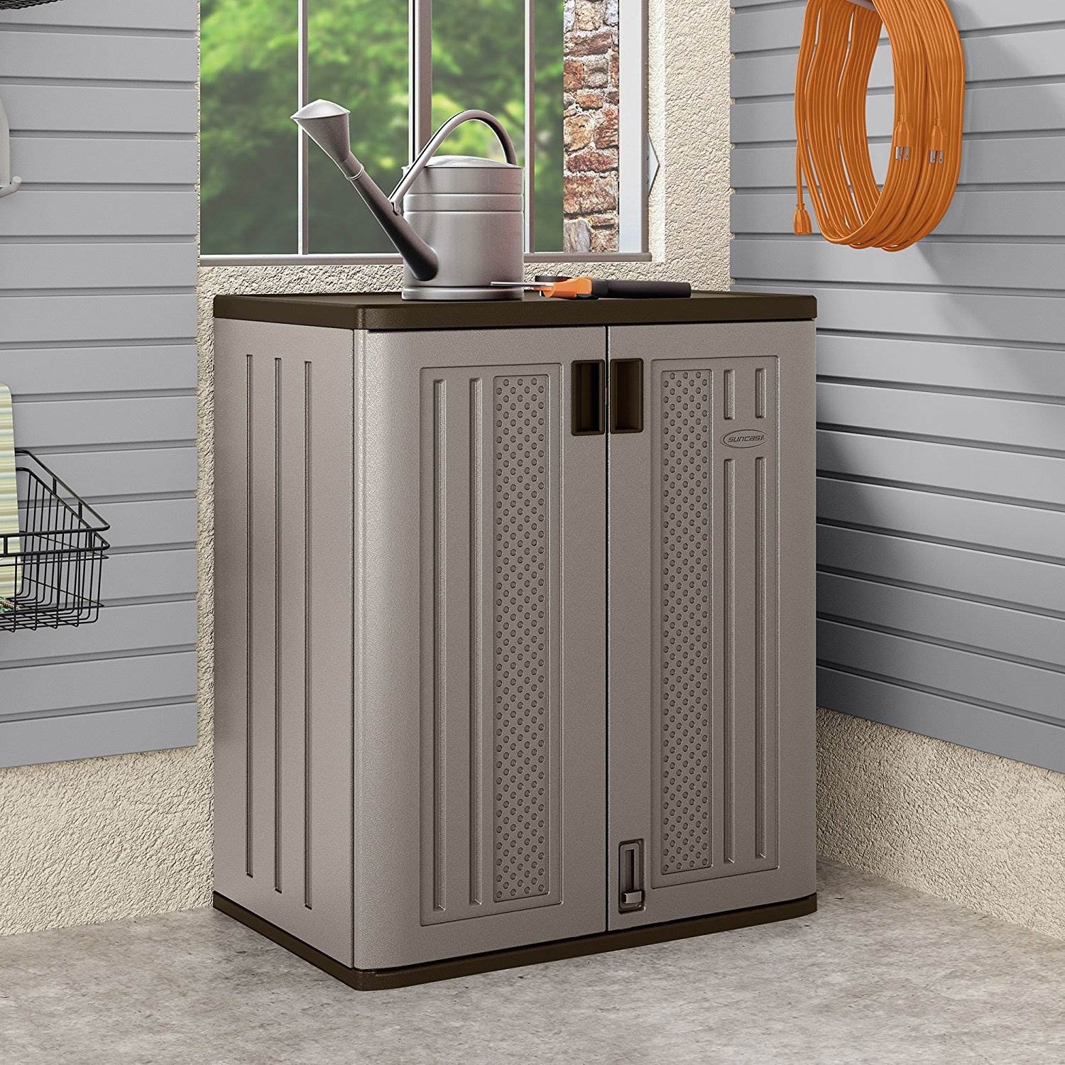 Suncast 9 Cu Ft Heavy Duty Resin Garage Base Storage Cabinet, Platinum (4 Pack) - Image 4